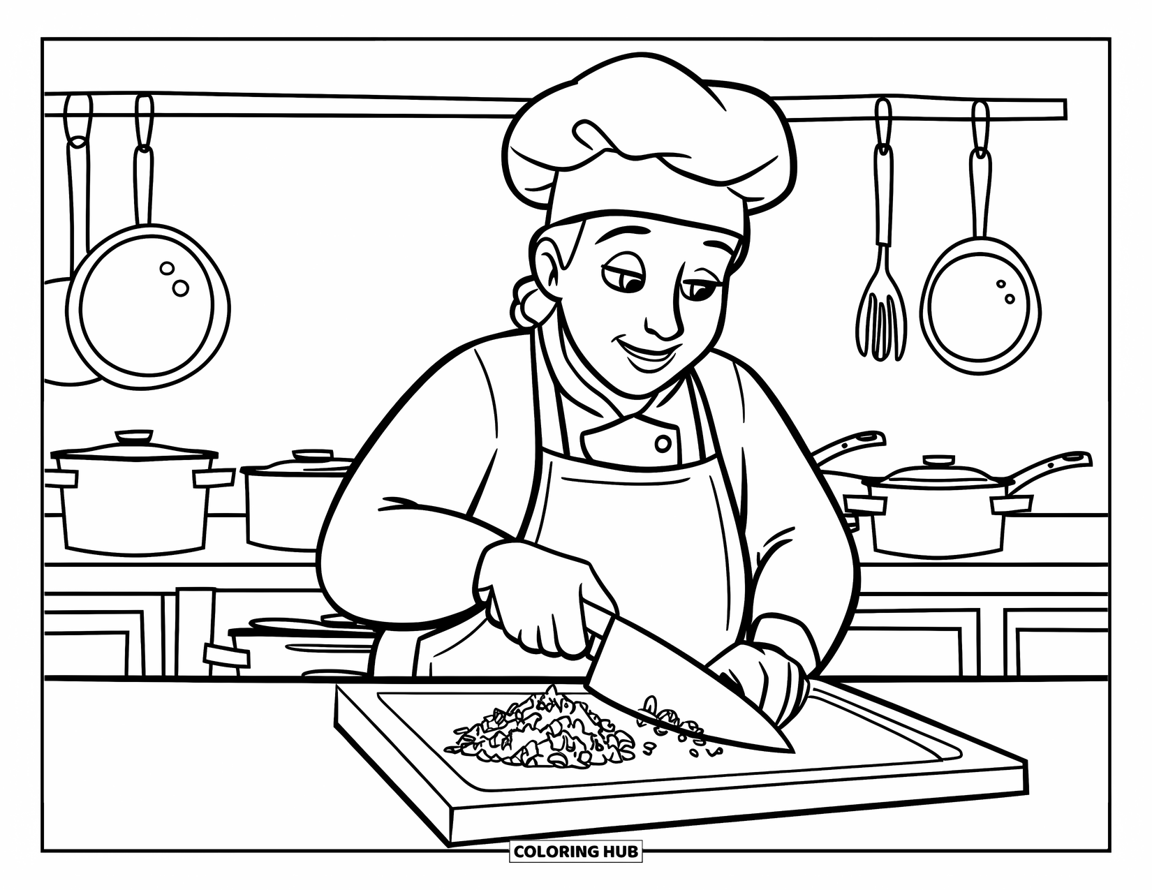 Chef Coloring Page for Kids: A chef chops herbs with utensils hanging behind him