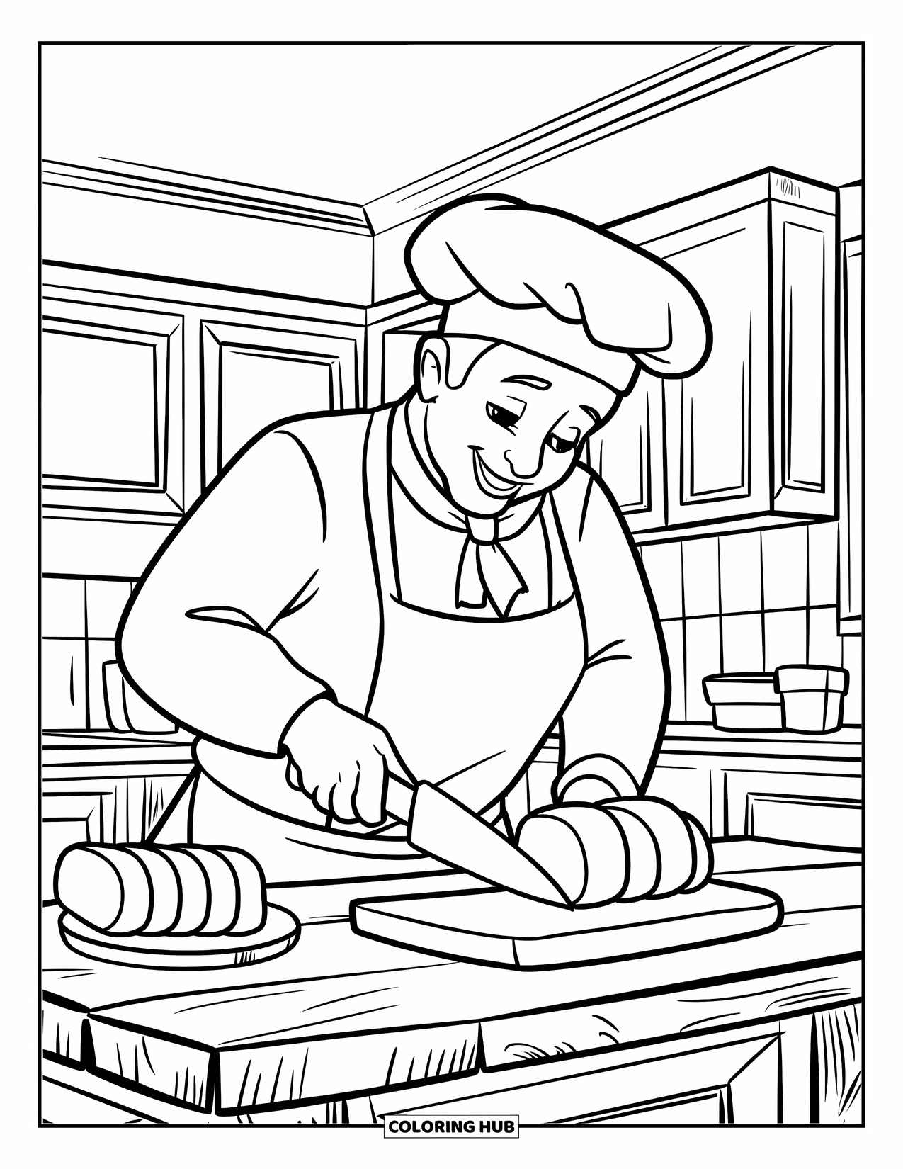 Chef Coloring Page for Kids: A chef cuts bread beside a plate of slices in the kitchen