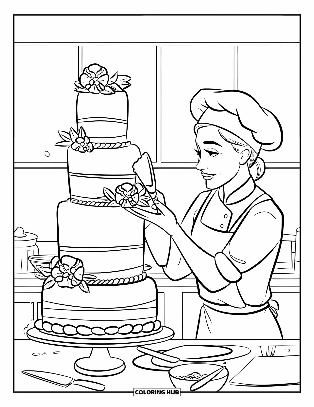 Chef Coloring Page for Kids: A chef decorates a cake with flowers and ribbons on top