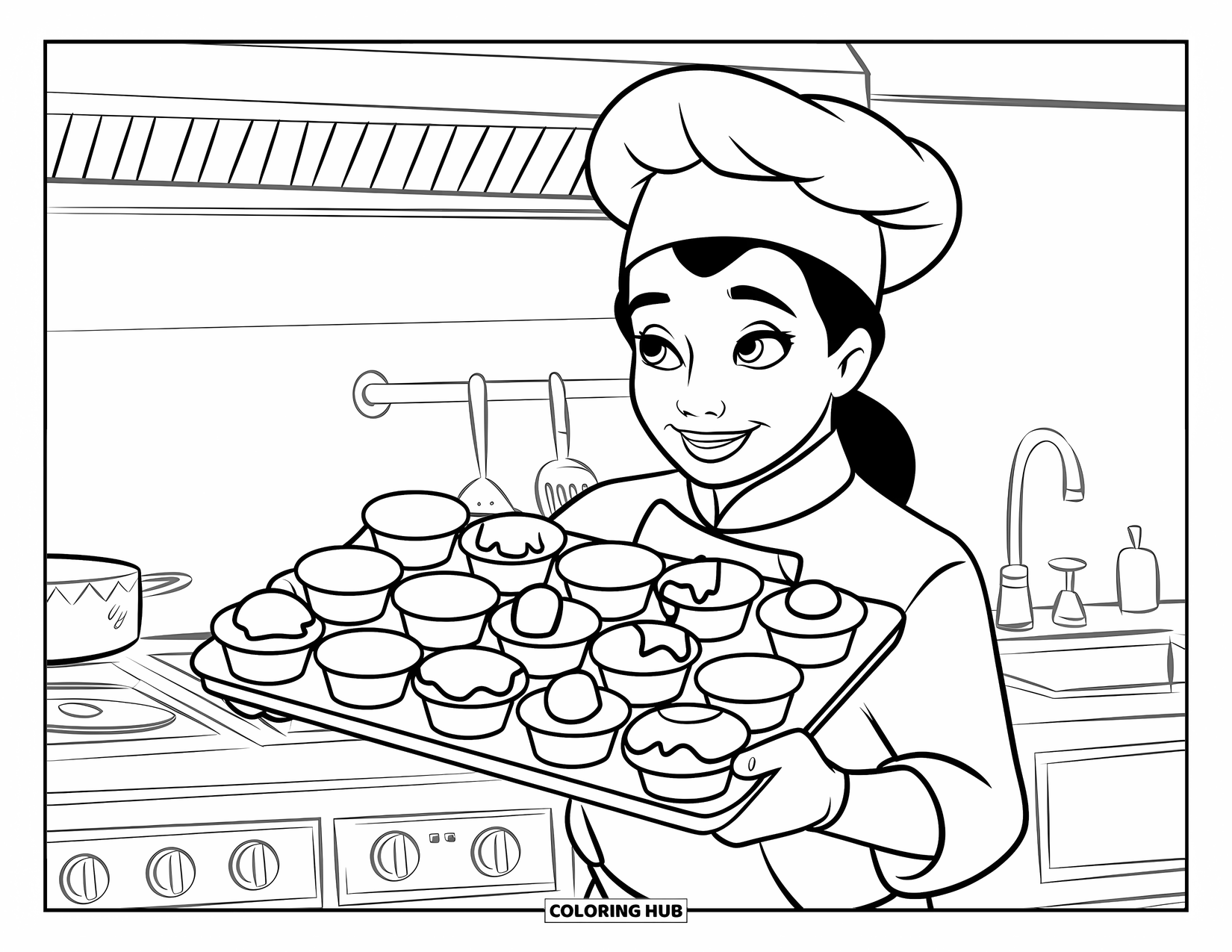 Chef Coloring Page for Kids: A chef holds a tray of muffins in different shapes and sizes