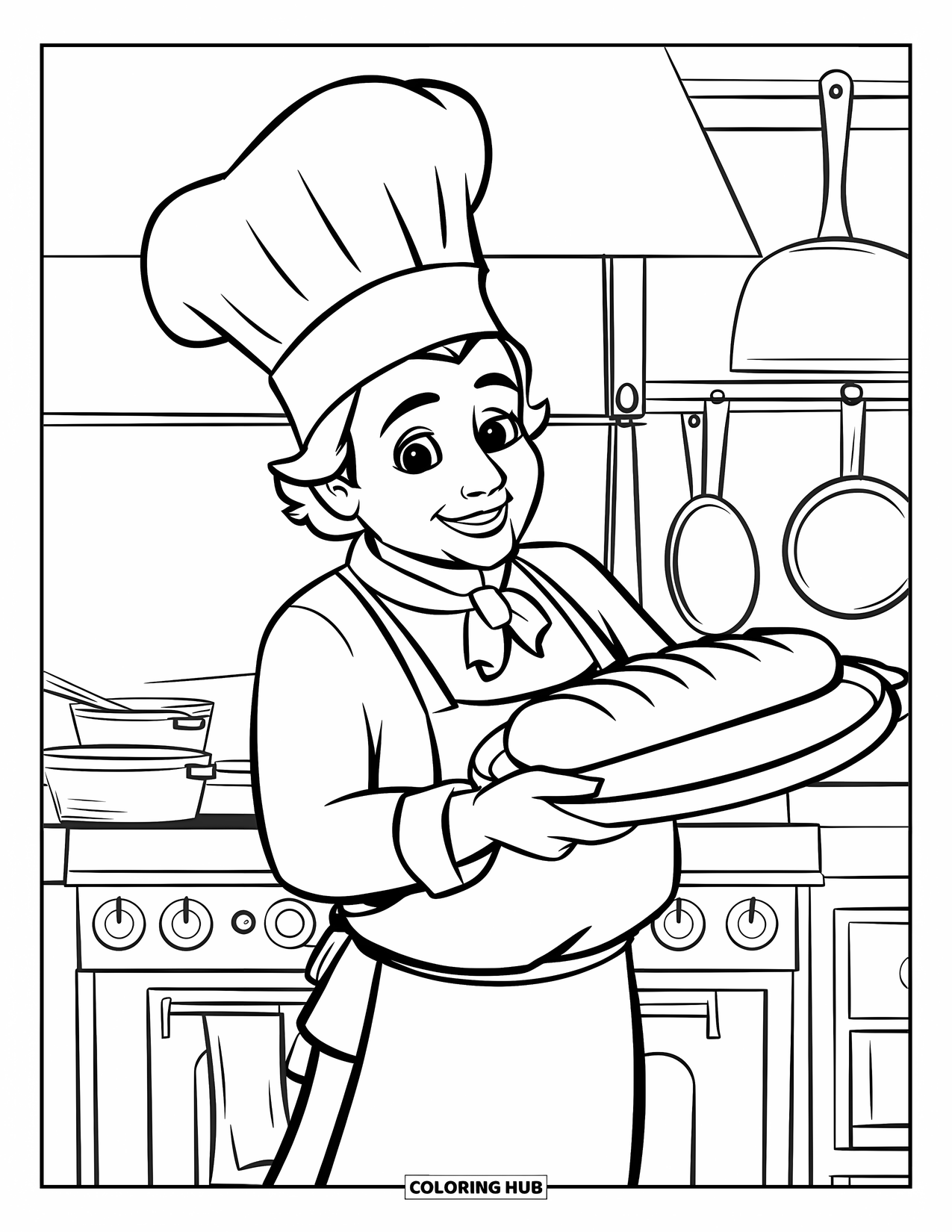 Chef Coloring Page for Kids: A chef presents bread on a tray in a kitchen with pots