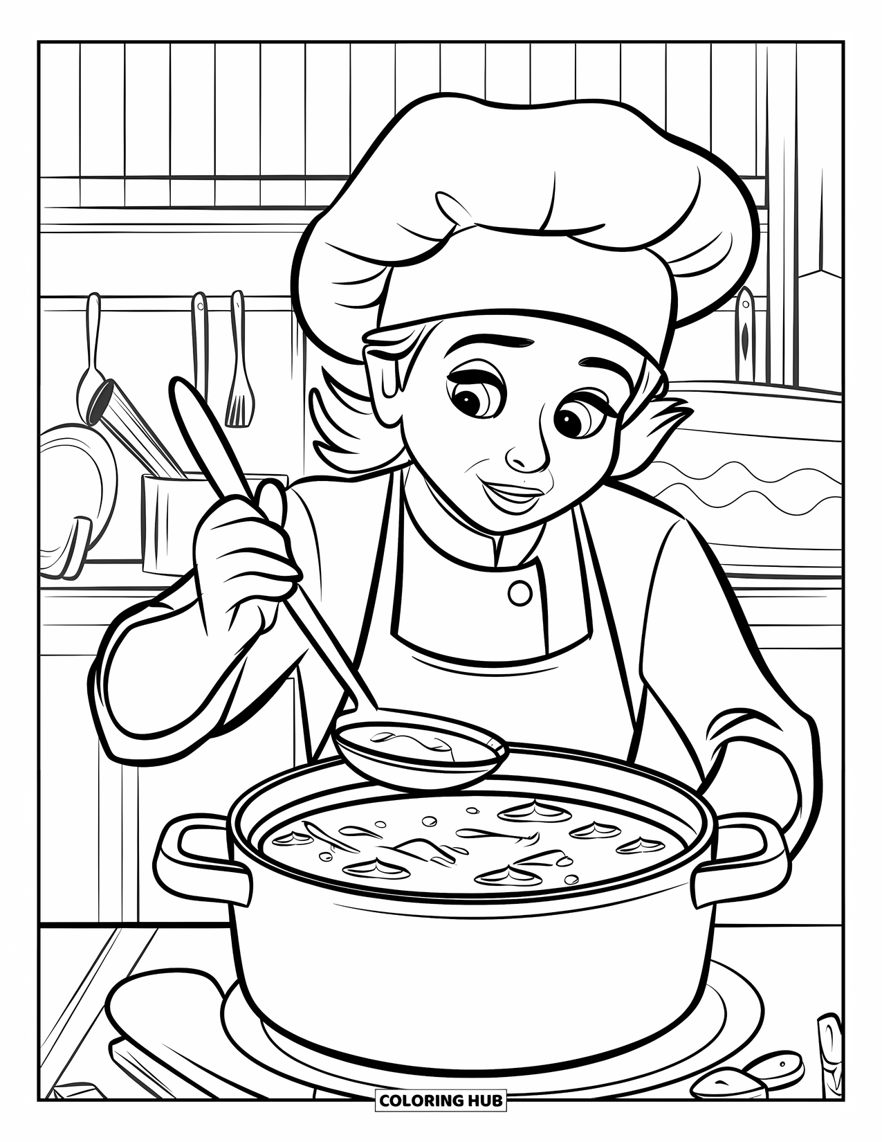 Chef Coloring Page for Kids: A chef samples soup with a ladle in a kitchen full of utensils