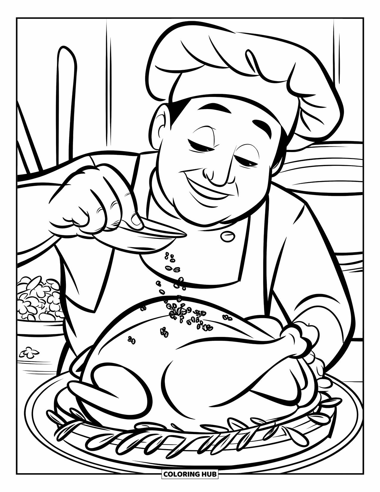 Chef Coloring Page for Kids: A chef seasons roasted chicken on a platter with herbs