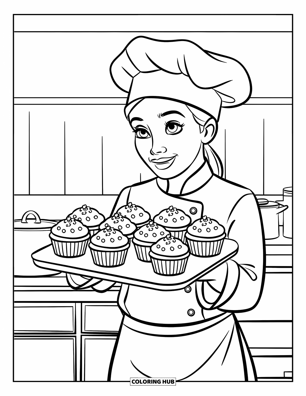 Chef Coloring Page for Kids: A chef sets a tray of cupcakes on the counter