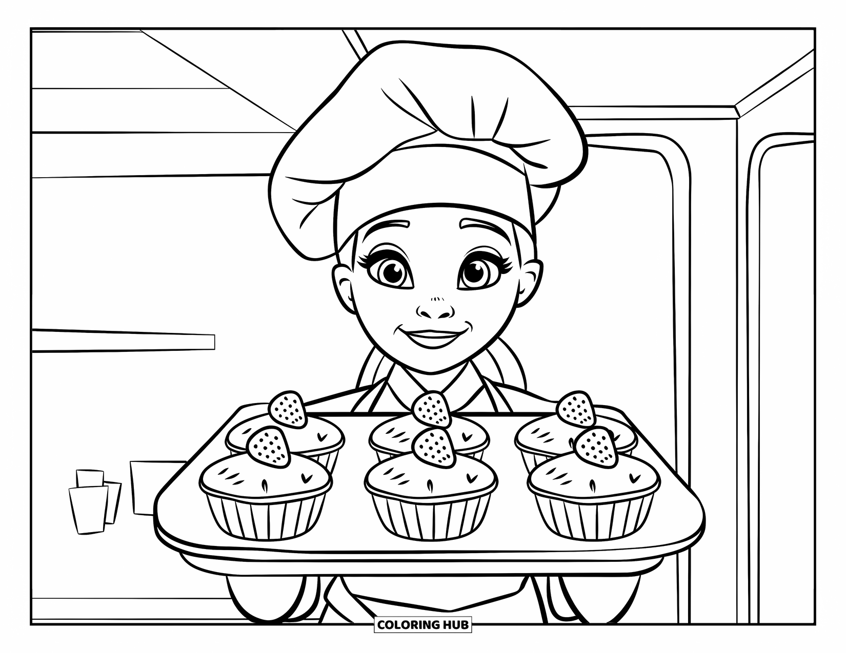 Chef Coloring Page for Kids: A chef shows off muffins topped with strawberries