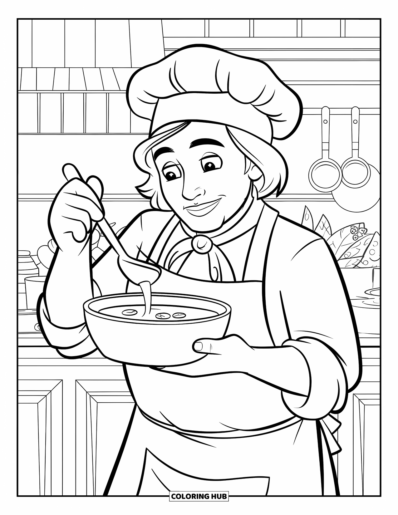 Chef Coloring Page for Kids: A chef sips soup from a ladle beside pots and pans
