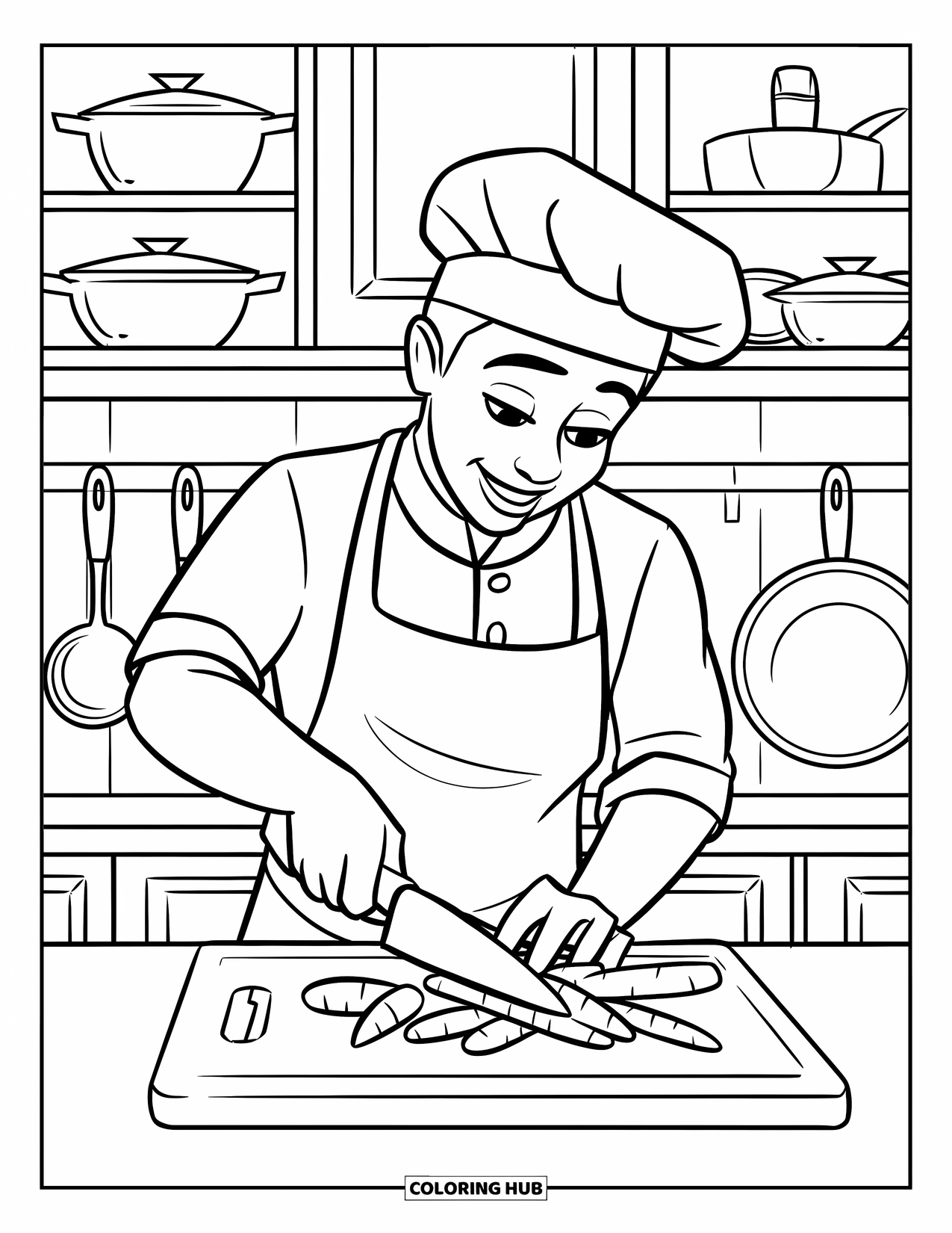 Chef Coloring Page for Kids: A chef slices carrots on a cutting board with shelves behind