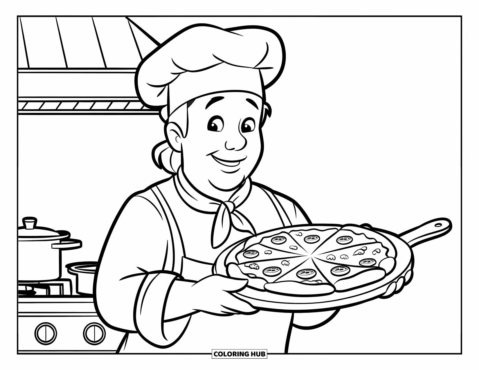 Chef Coloring Page for Kids: A chef stands with a pizza on a scratched wooden paddle