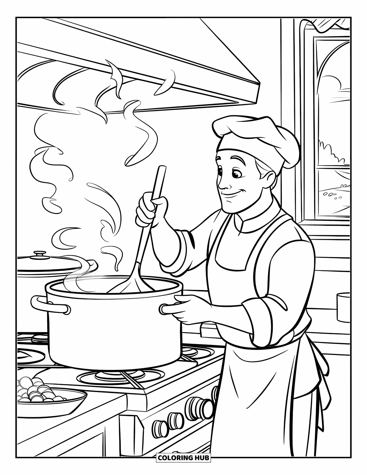Chef Coloring Page for Kids: A chef stirs a large steaming pot near a window view