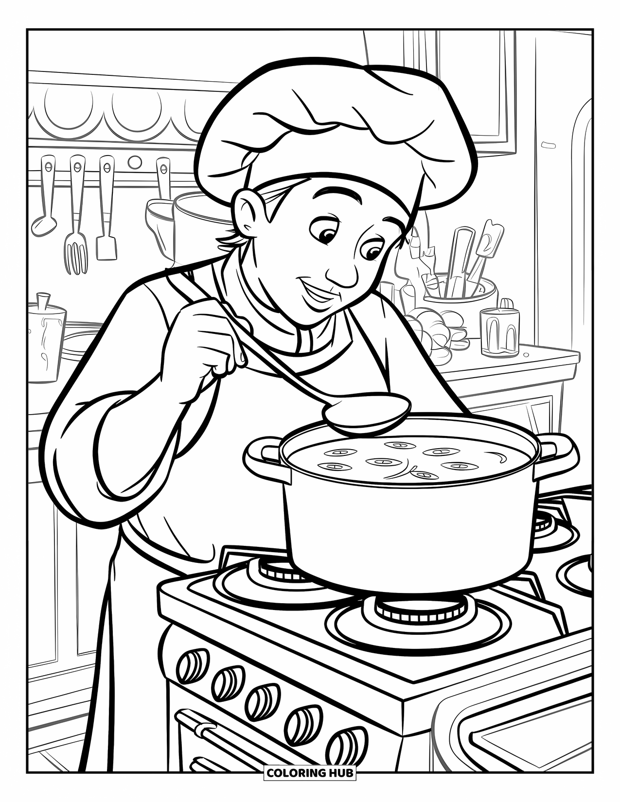Chef Coloring Page for Kids: A chef tastes soup from a pot simmering on the stove
