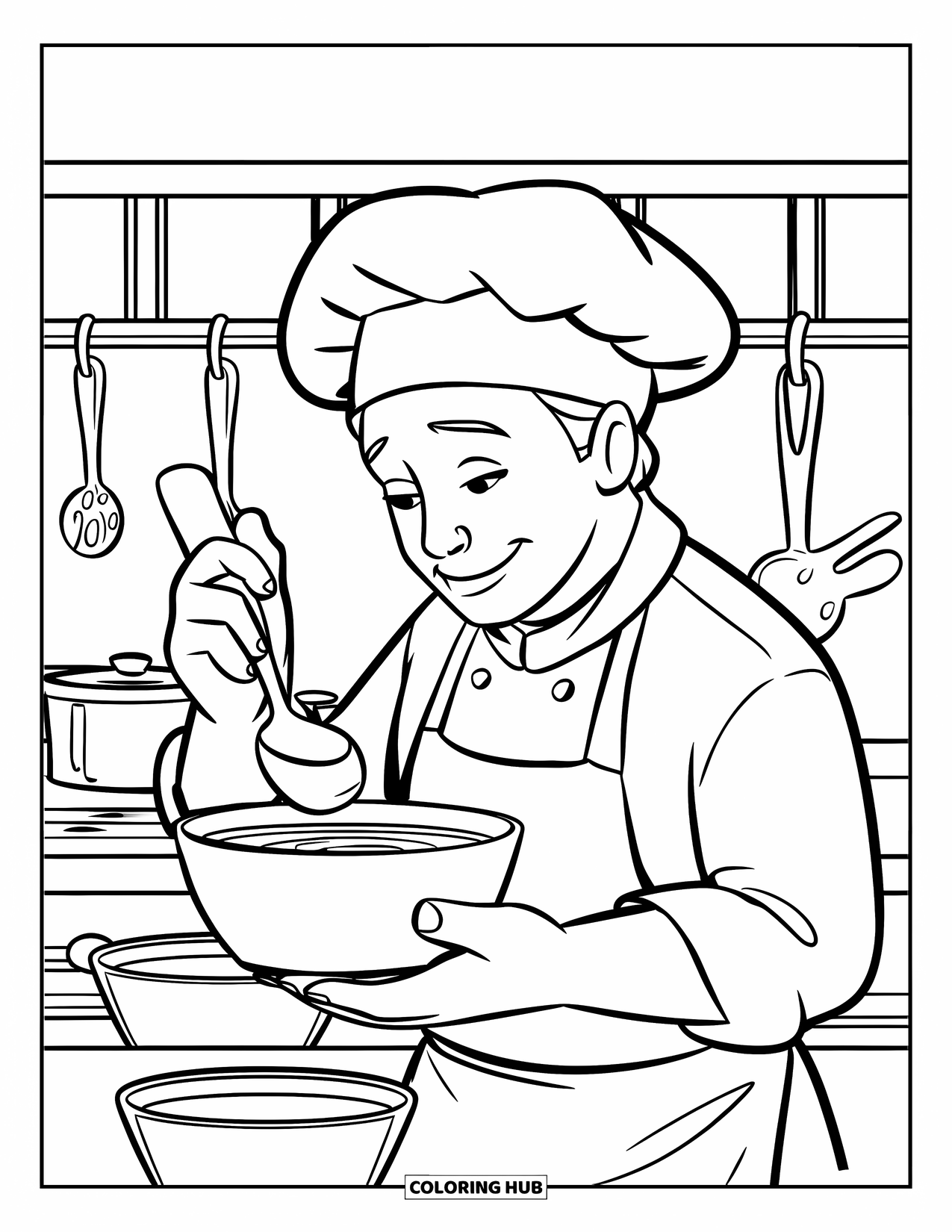 Chef Coloring Page for Kids: A chef tastes soup with a ladle in a busy kitchen