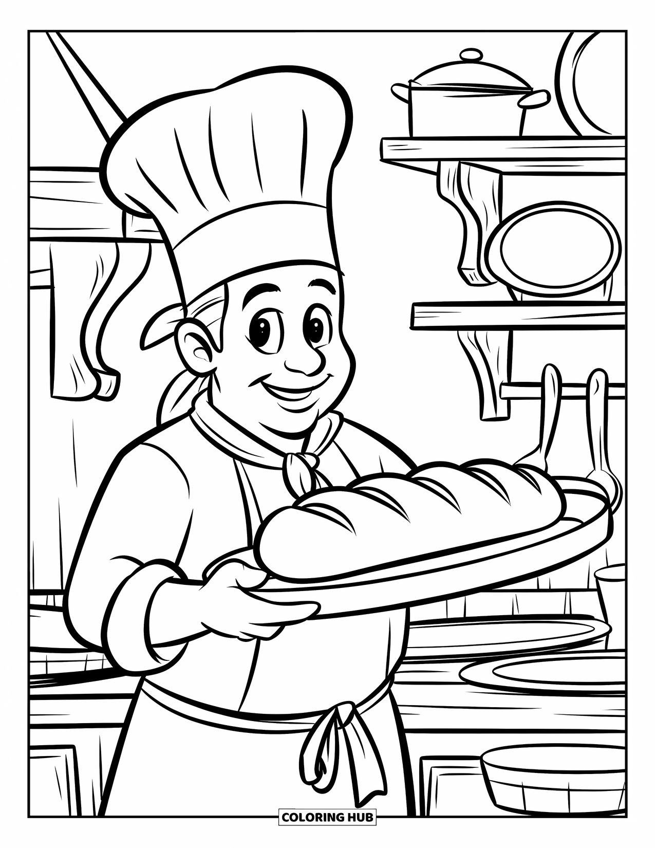 Chef Coloring Page for Kids: A smiling chef shows off bread while standing by wooden shelves