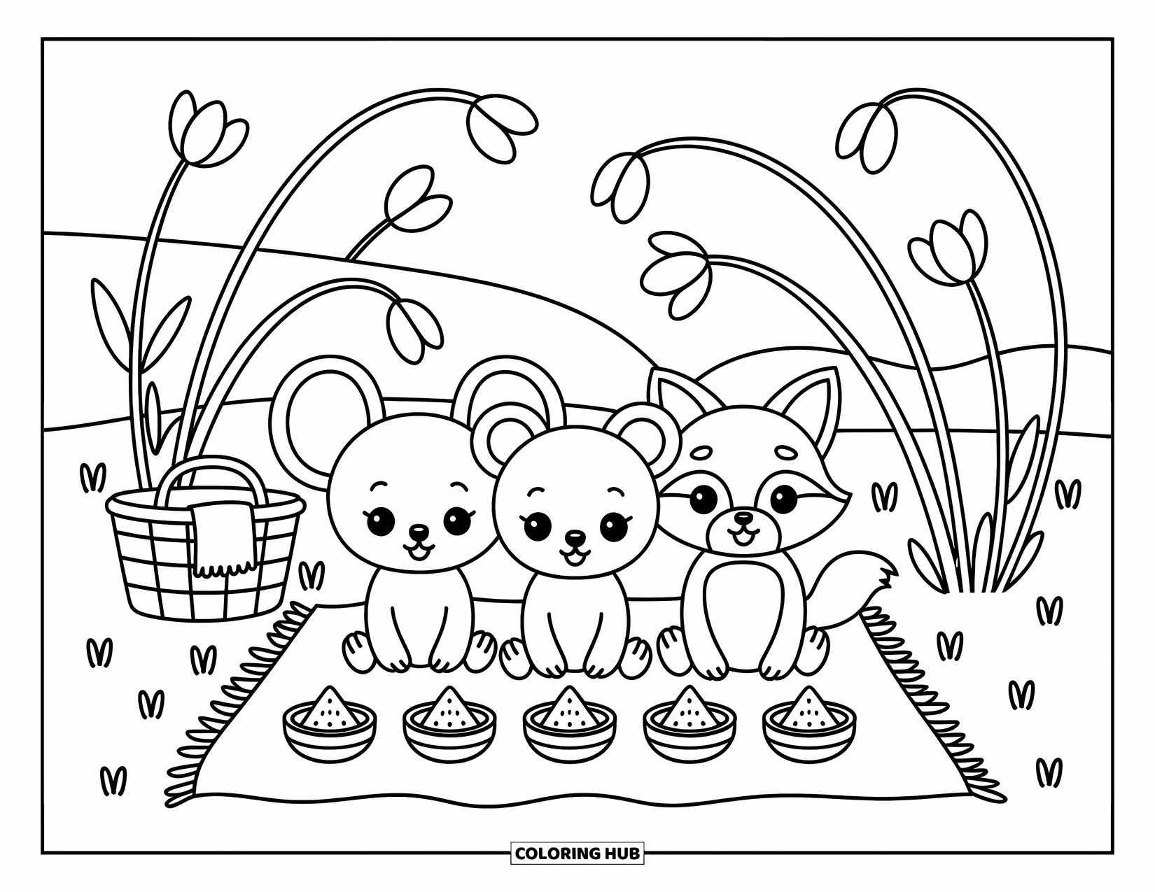 Chibi Animal Coloring Page for Adults: Adorable animals sit with fruit and a basket on a peaceful grassy field