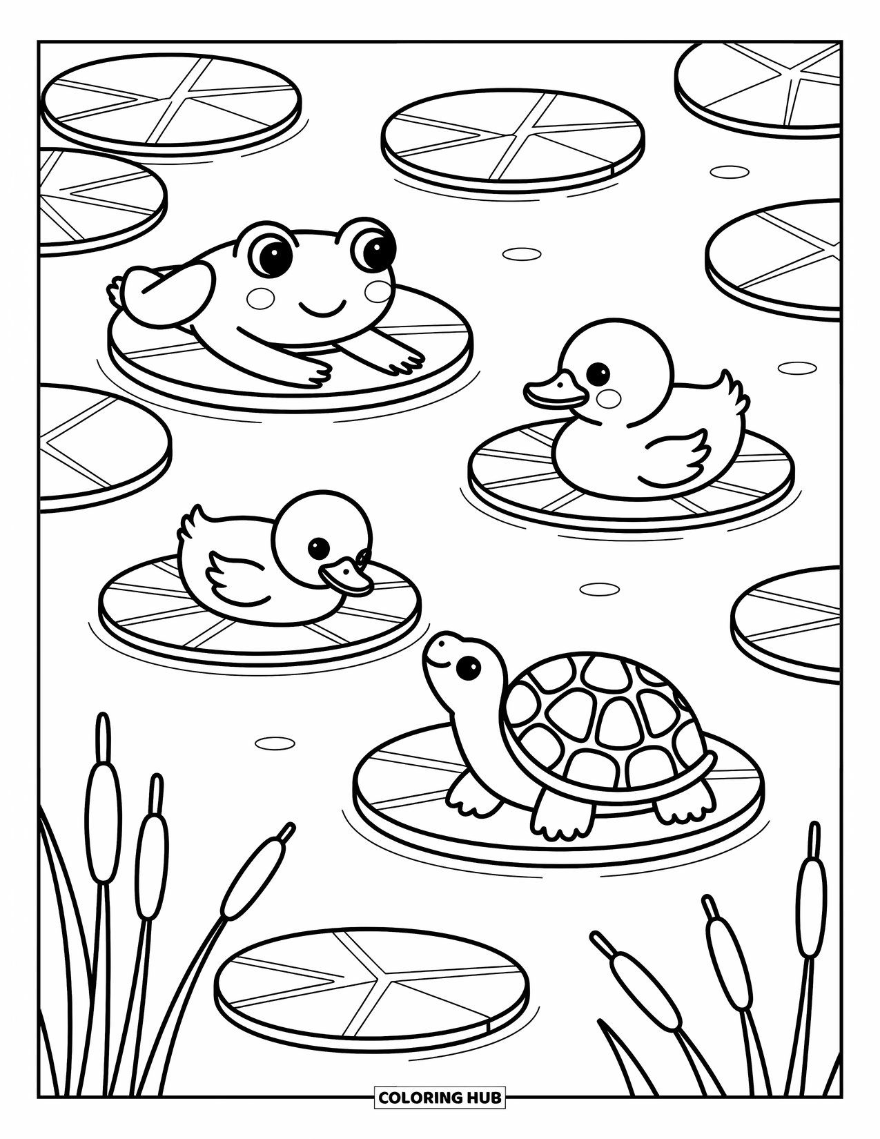 Chibi Animal Coloring Page for Adults: Calm animals drift on lily pads, enjoying the stillness of the water