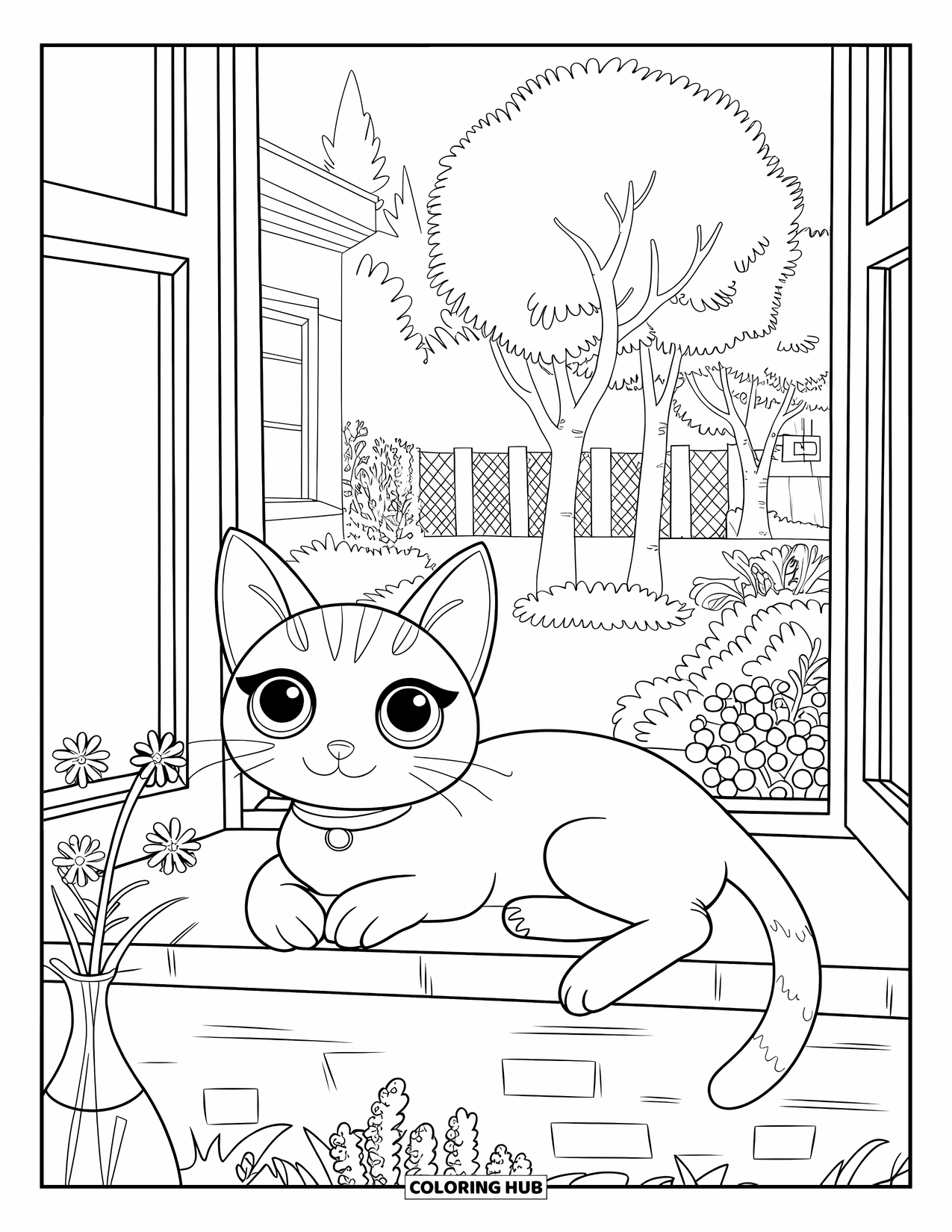 Chibi Animal Coloring Page for Adults: Cat with a collar gazes from a stone sill at a fenced garden