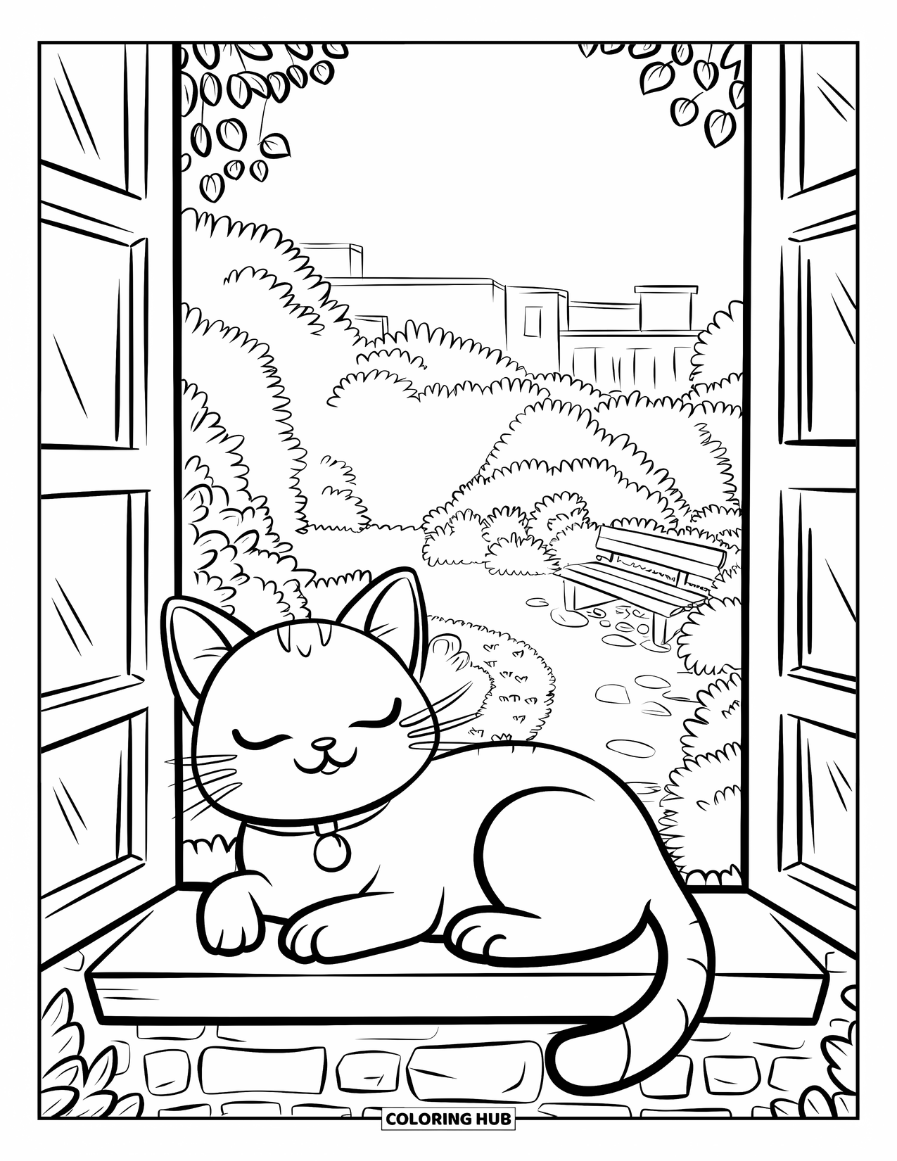 Chibi Animal Coloring Page for Adults: Cat with closed eyes rests on a stone windowsill overlooking a garden