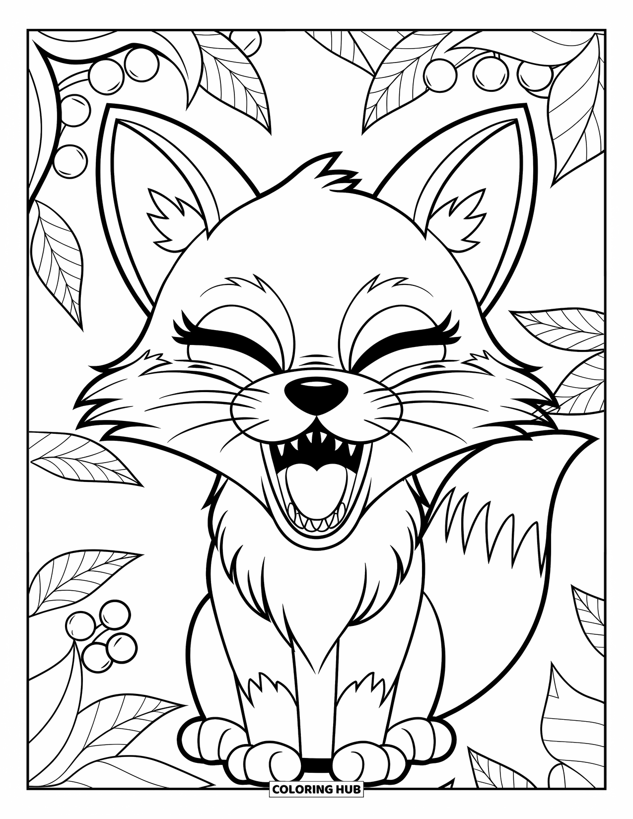 Chibi Animal Coloring Page for Adults: Chibi fox with open mouth is surrounded by mandala-style leaves and berries