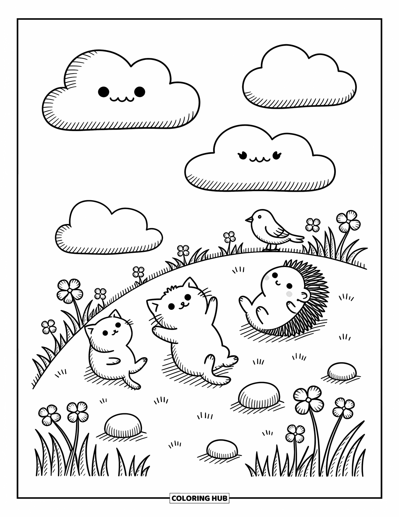 Chibi Animal Coloring Page for Adults: Cute friends lie on a hill, watching the sky with soft wildflowers around