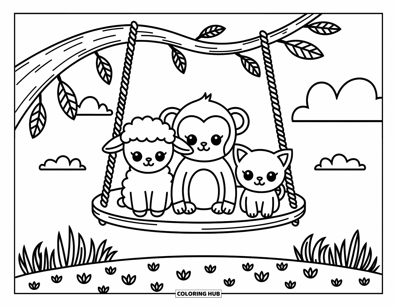 Chibi Animal Coloring Page for Adults: Cute lamb, monkey, and kitten swing gently from a tree branch above soft grass