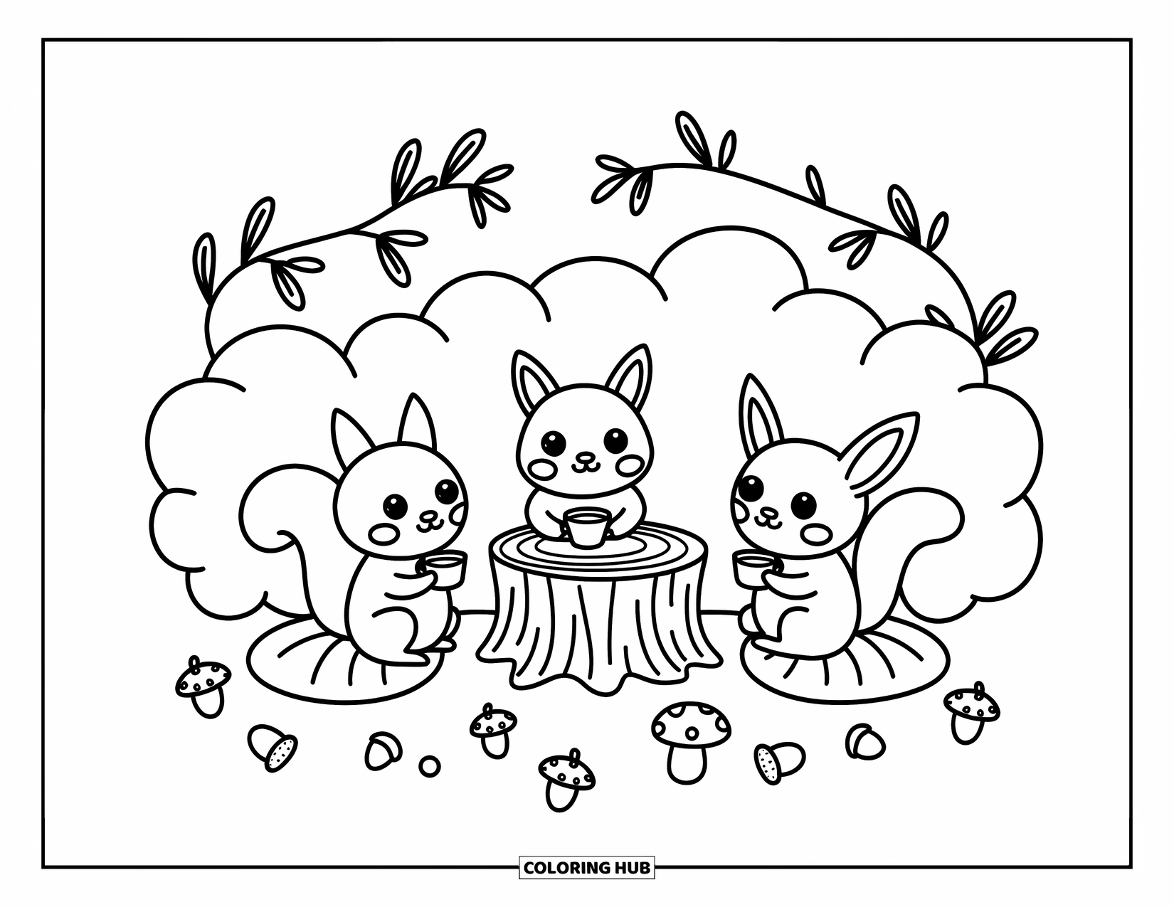Chibi Animal Coloring Page for Adults: Cute woodland trio shares tea under arching branches and cozy bushes