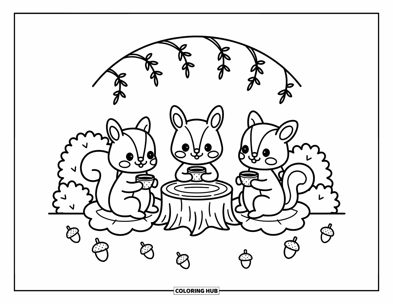 Chibi Animal Coloring Page for Adults: Forest animals enjoy tea time on leaves with mushrooms and acorns nearby