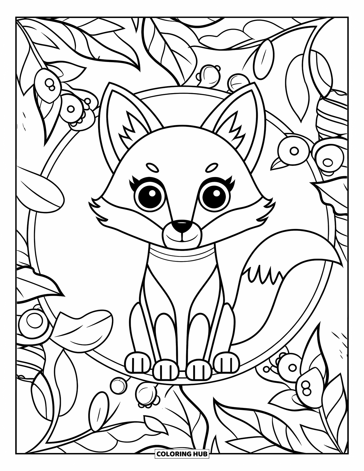 Chibi Animal Coloring Page for Adults: Fox in a collar sits peacefully among mandala leaves and berries