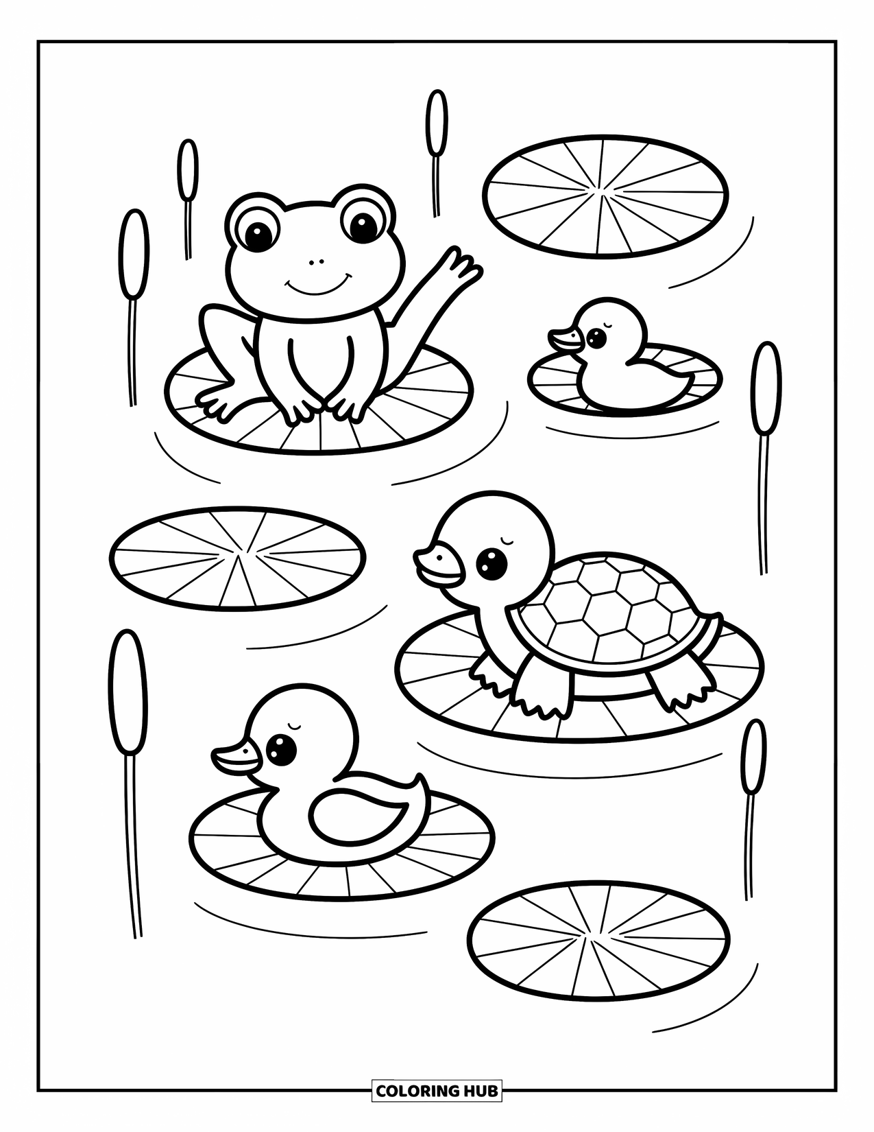 Chibi Animal Coloring Page for Adults: Frog stretches, duckling nestles, and turtle gazes skyward in a peaceful pond
