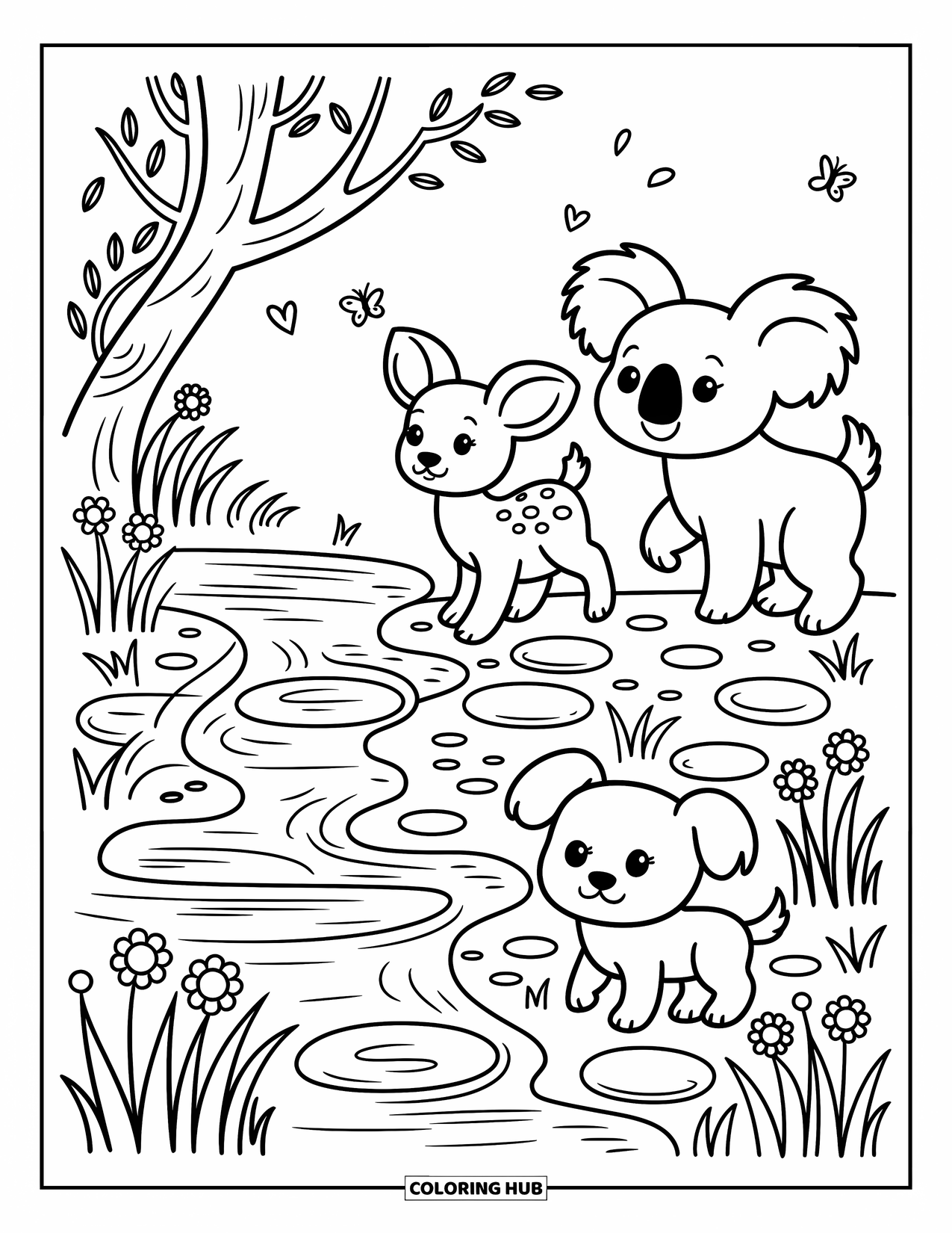 Chibi Animal Coloring Page for Adults: Gentle animals stroll beside a quiet river with butterflies and falling leaves