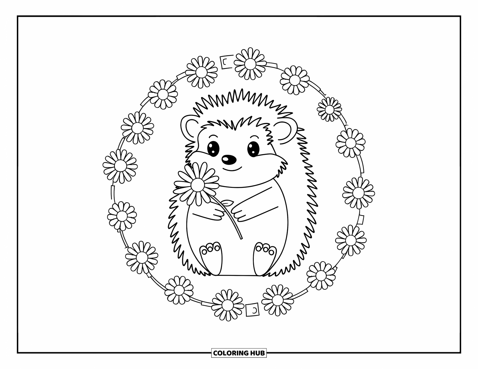 Chibi Animal Coloring Page for Adults: Hedgehog holds a daisy while sitting inside a floral circle