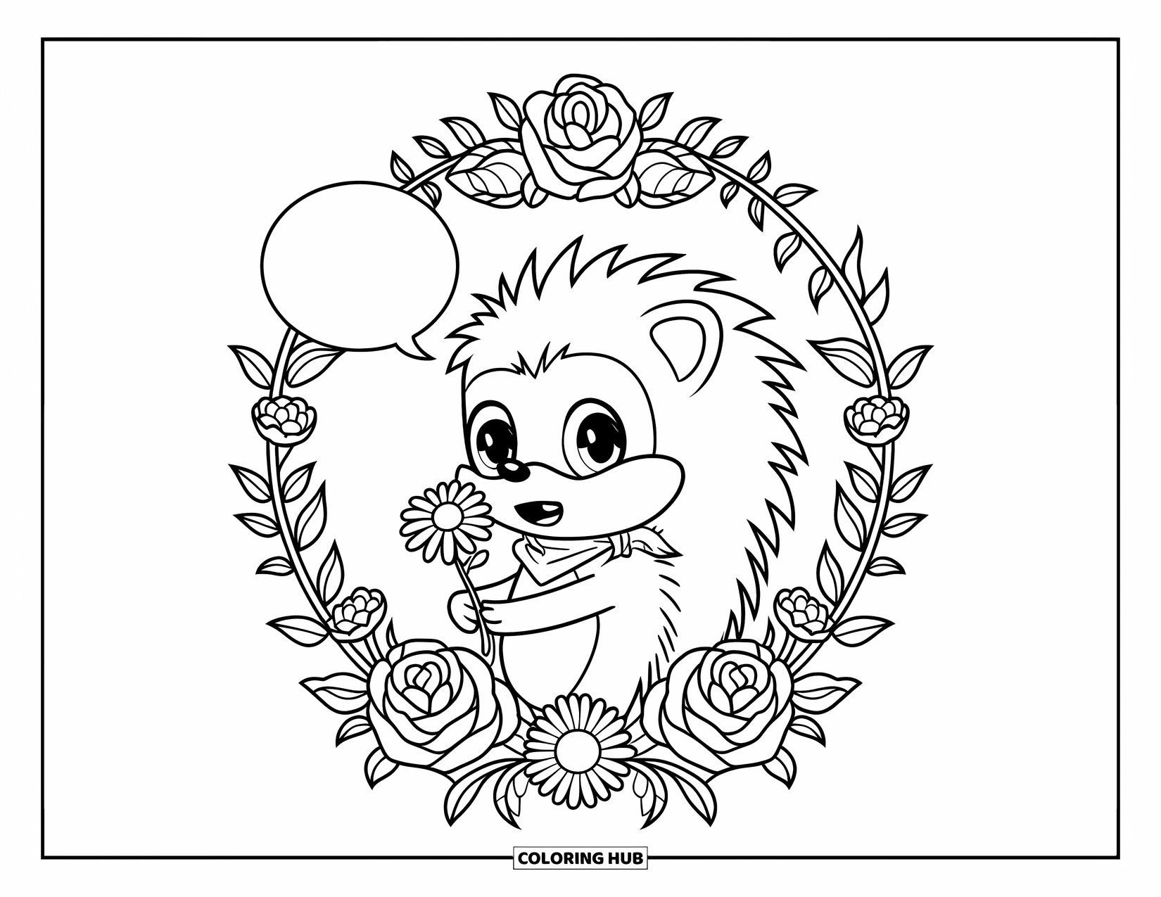 Chibi Animal Coloring Page for Adults: Hedgehog in a scarf holds a daisy surrounded by flowers and leaves