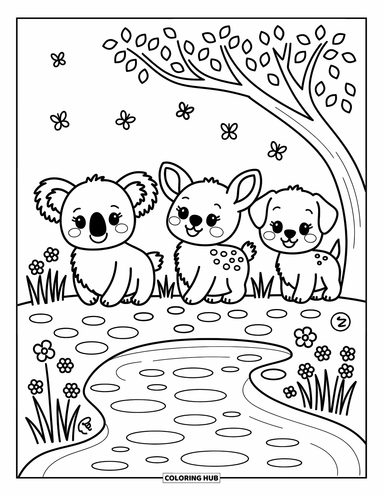 Chibi Animal Coloring Page for Adults: Koala, fawn, and puppy stroll by the river with butterflies and tall grass