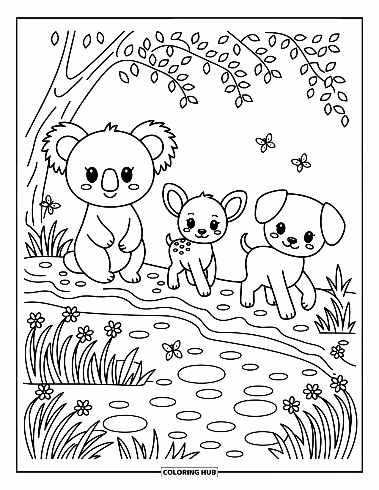 Chibi Animal Coloring Page for Adults: Koala, fawn, and puppy walk past stones, grass, and fluttering butterflies