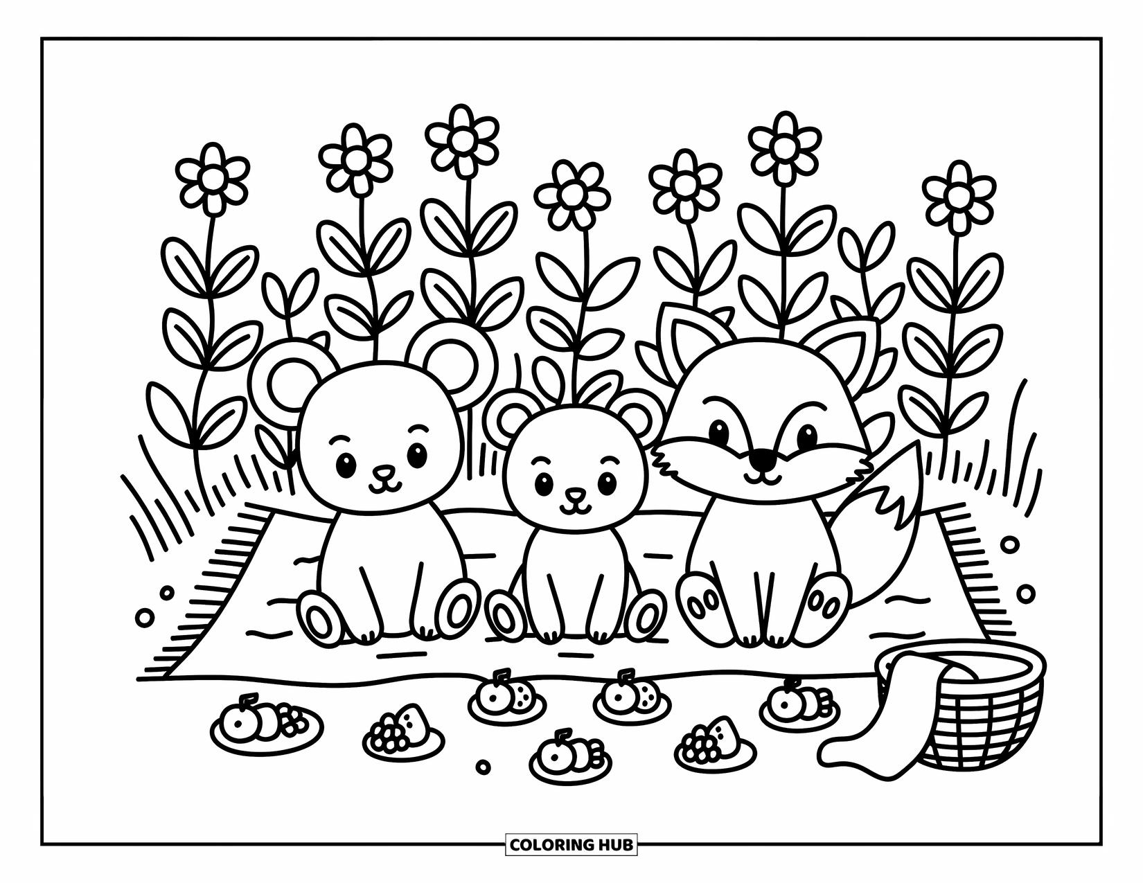 Chibi Animal Coloring Page for Adults: Mouse, bear, and fox share snacks under tall flowers in a gentle field