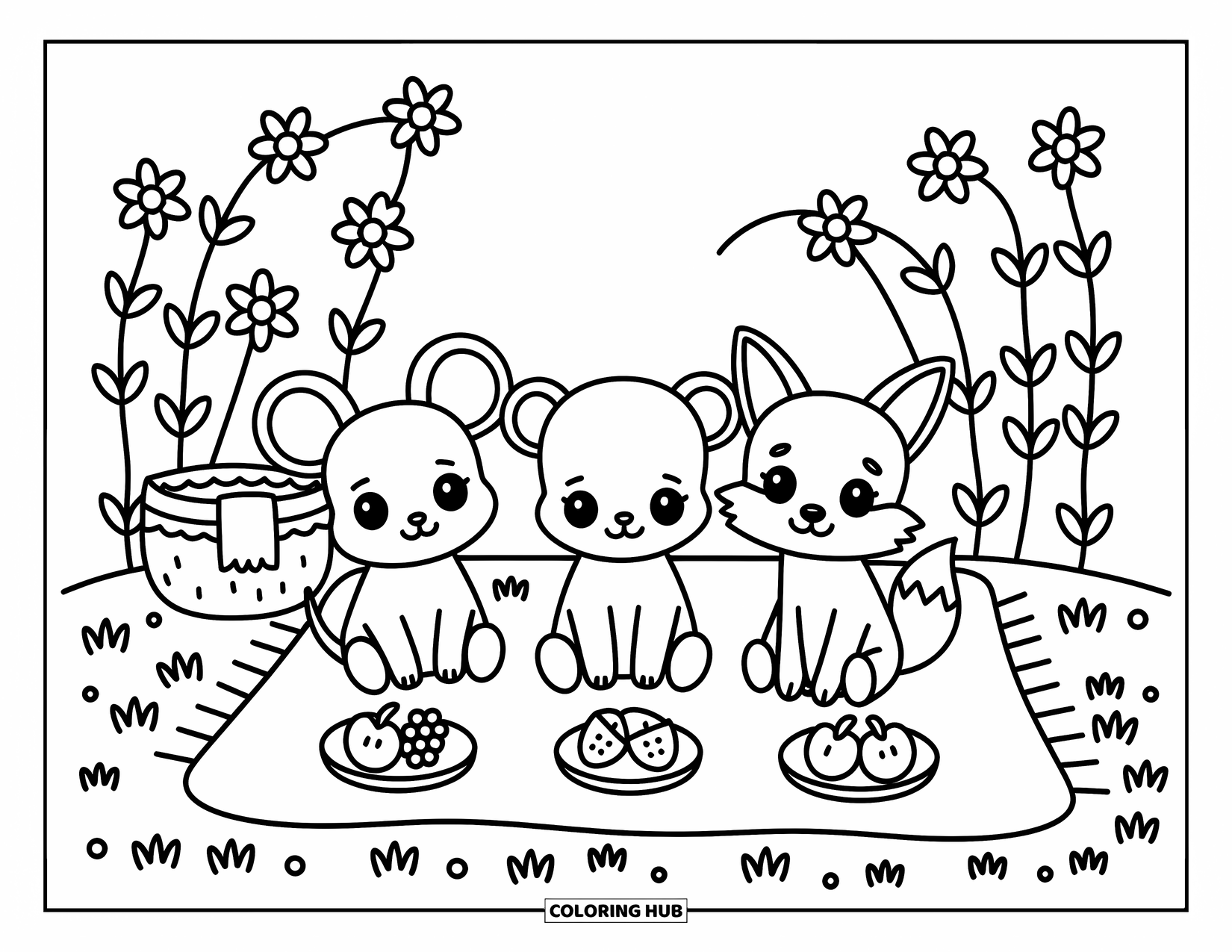 Chibi Animal Coloring Page for Adults: Mouse, bear cub, and fox have a fruit picnic on a cozy field blanket