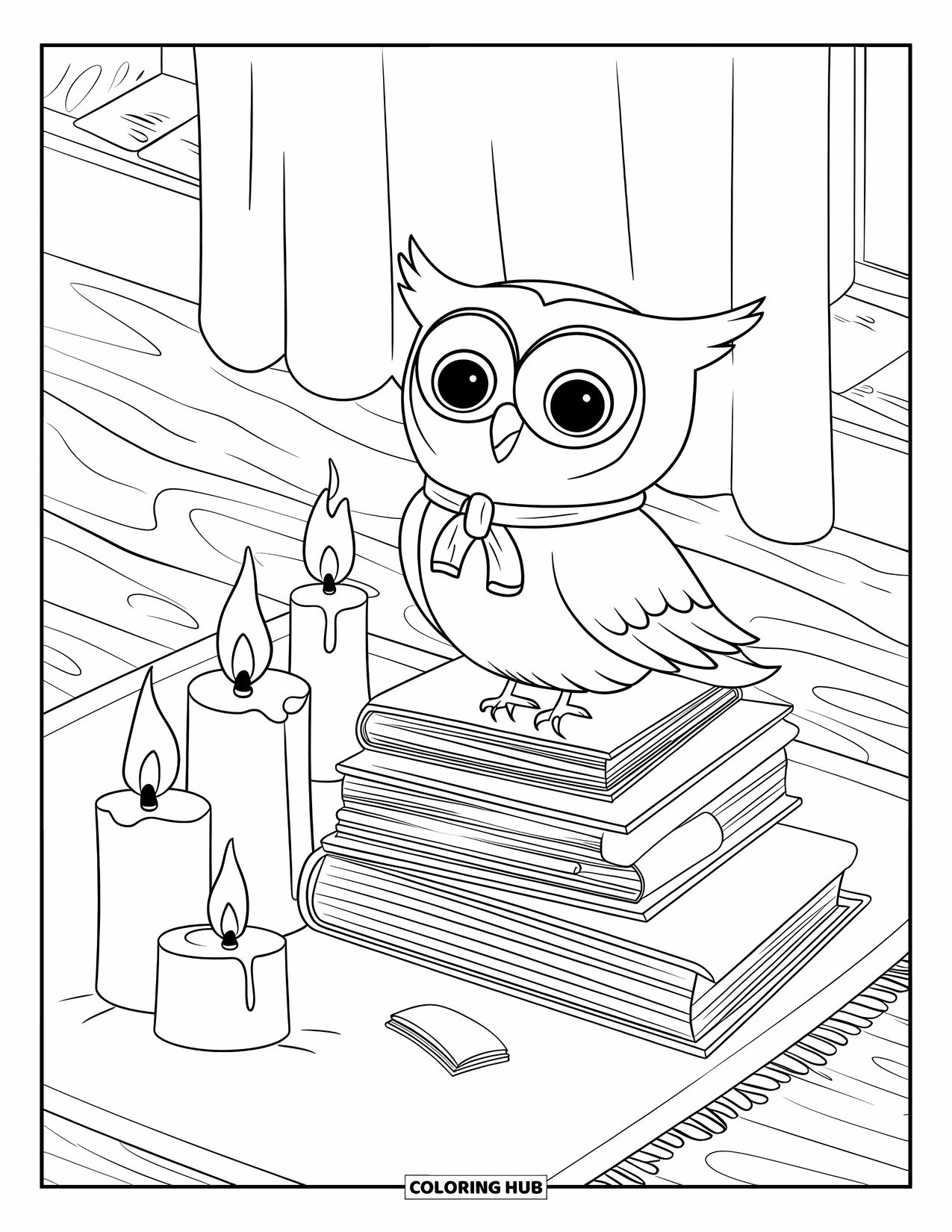 Chibi Animal Coloring Page for Adults: Owl in a scarf perches on books near a cozy rug and curtained window