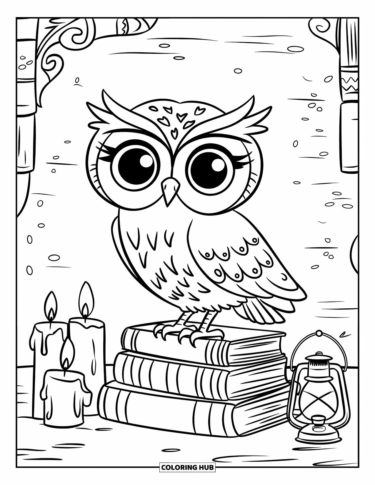 Chibi Animal Coloring Page for Adults: Owl with big eyes sits on books beside candles and a lantern