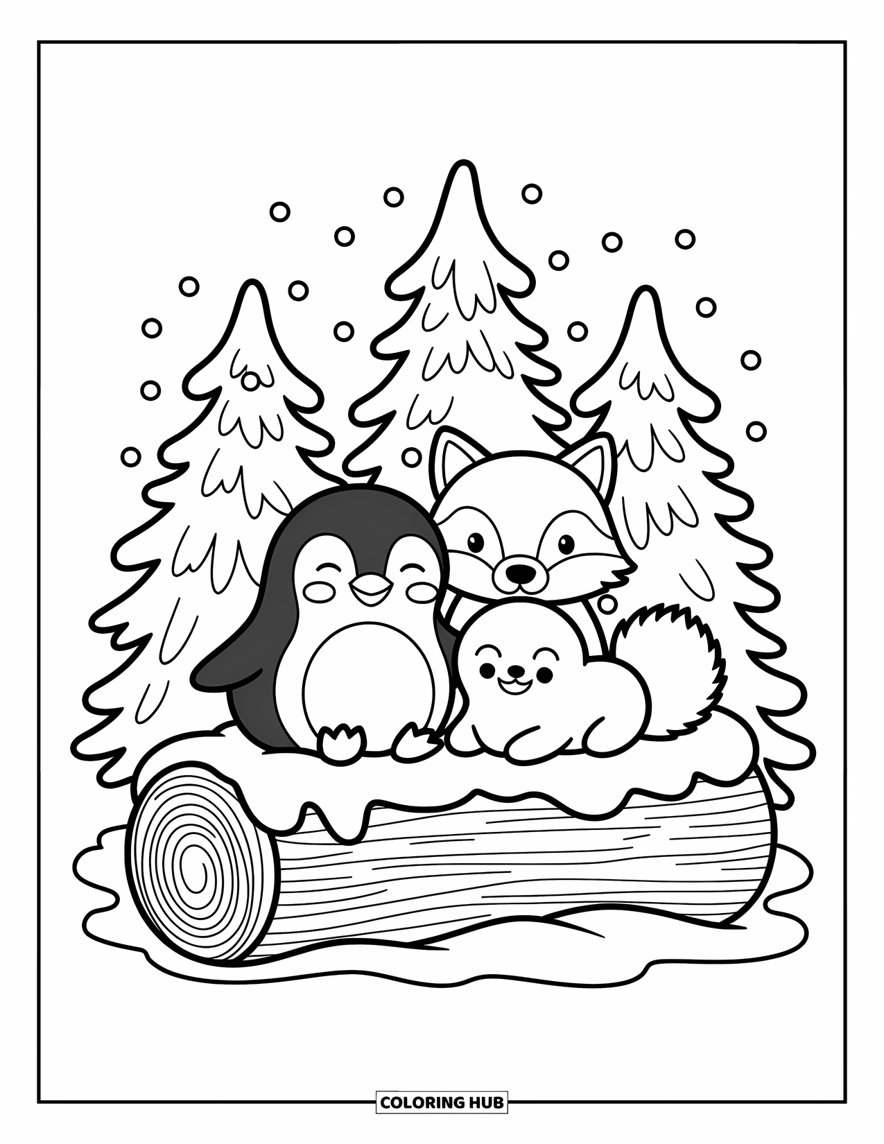 Chibi Animal Coloring Page for Adults: Penguin, arctic fox, and seal rest on a snowy log beneath falling snowflakes