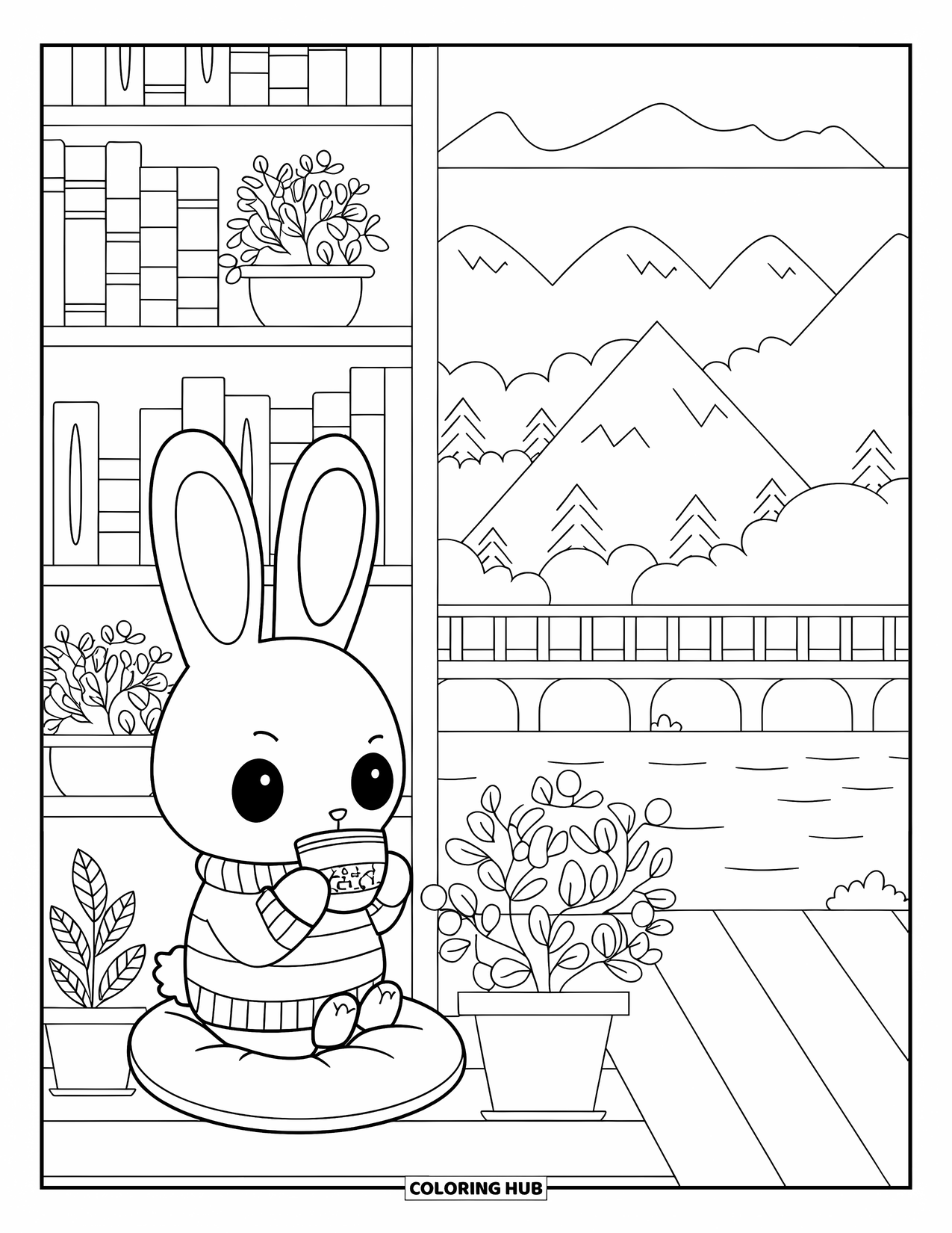 Chibi Animal Coloring Page for Adults: Rabbit in a sweater sips tea beside plants and a peaceful mountain bridge