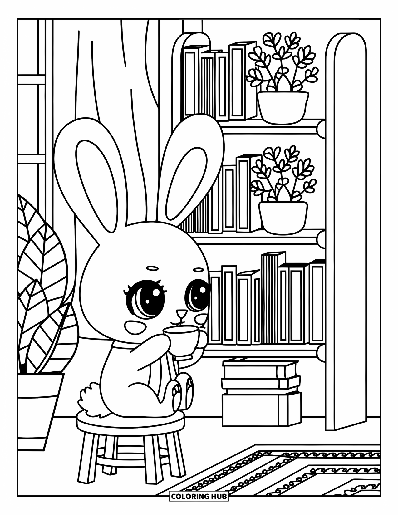 Chibi Animal Coloring Page for Adults: Rabbit on a stool enjoys tea with books, plants, and a curtained window