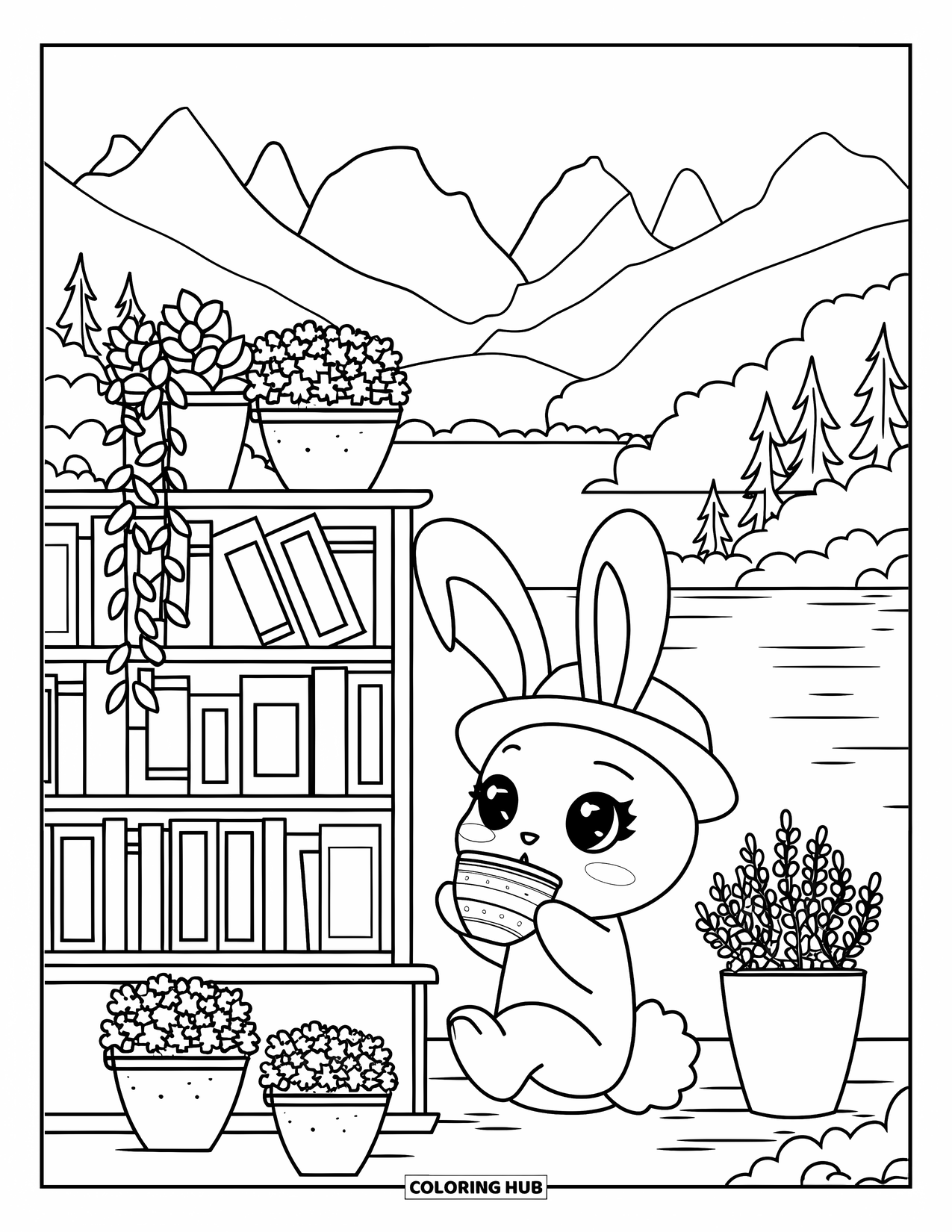 Chibi Animal Coloring Page for Adults: Rabbit with a hat sips tea beside potted plants and a mountain view