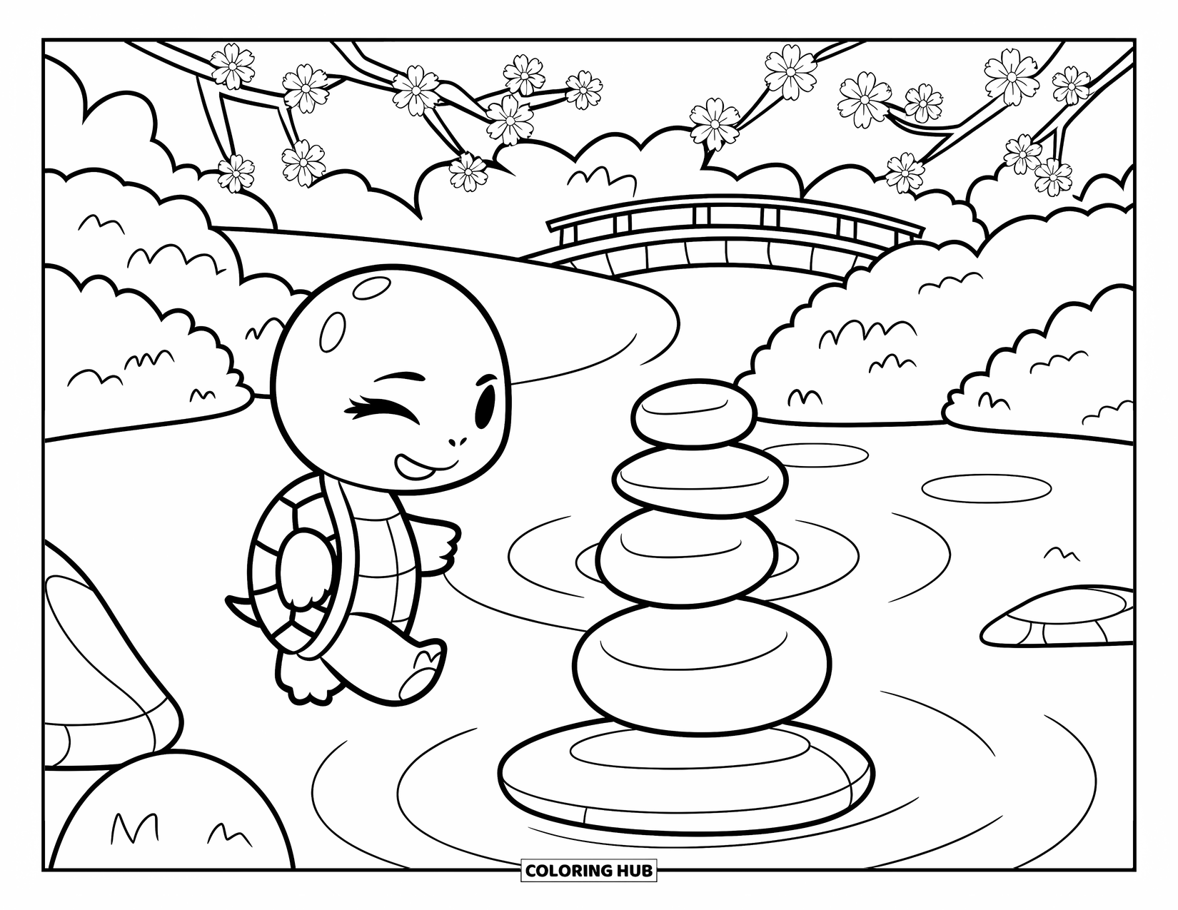 Chibi Animal Coloring Page for Adults: Relaxed turtle walks near cherry blossoms and a wooden bridge in a zen garden