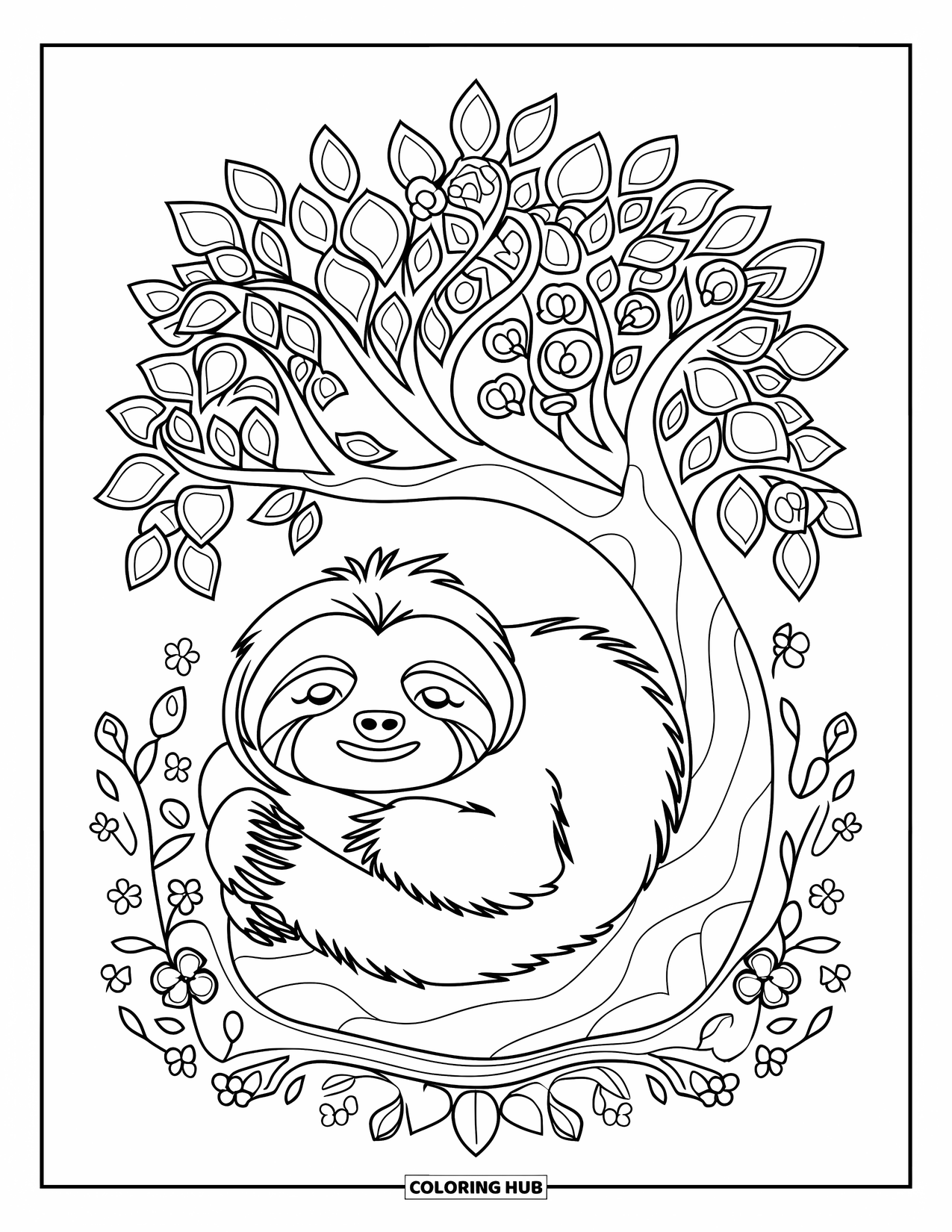 Chibi Animal Coloring Page for Adults: Sloth curls peacefully in meditation beneath a blooming tree
