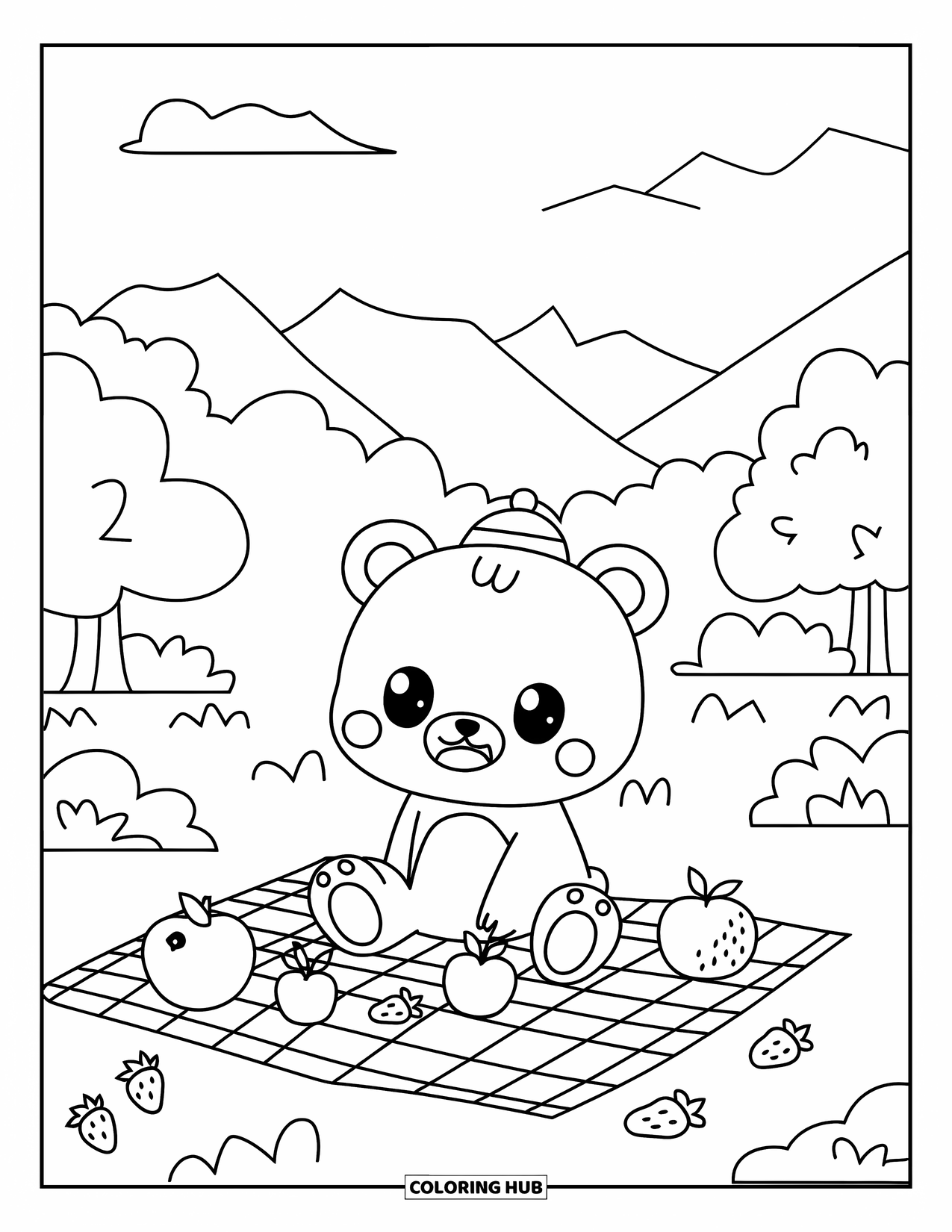 Chibi Animal Coloring Page for Adults: Smiling bear sits with apples and berries in a scenic picnic setting