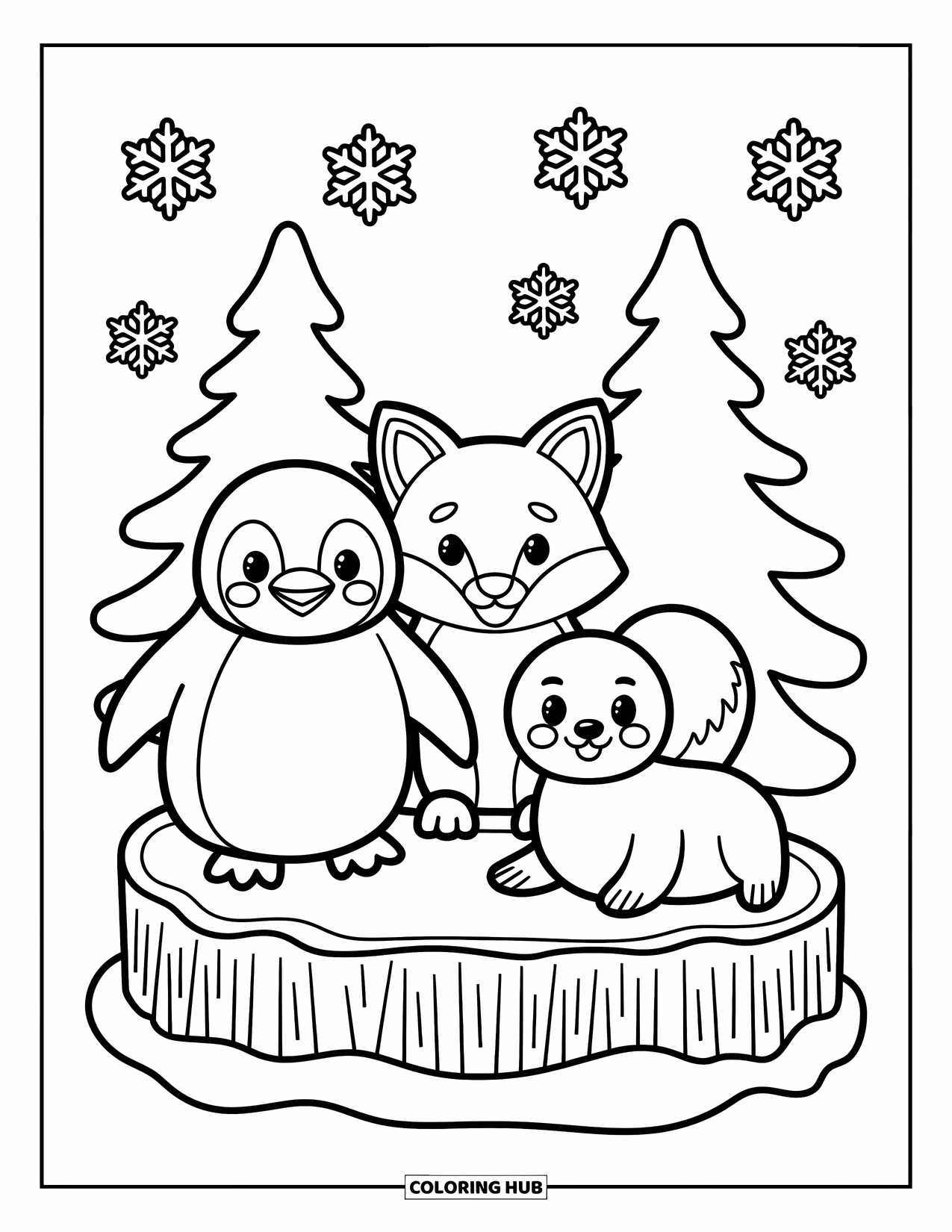 Chibi Animal Coloring Page for Adults: Snowflakes fall on a penguin, fox, and seal resting on a wintery log