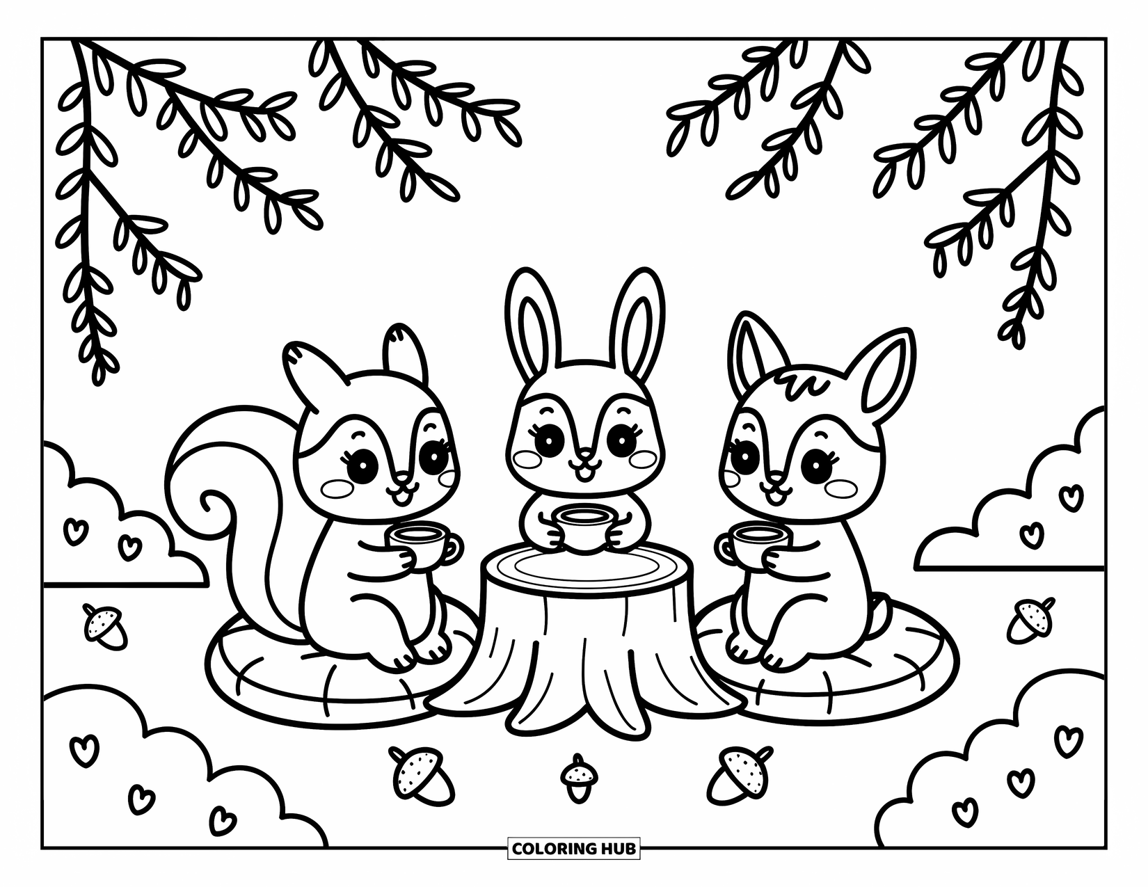 Chibi Animal Coloring Page for Adults: Tea party friends sit on leaves, sipping quietly in a leafy clearing