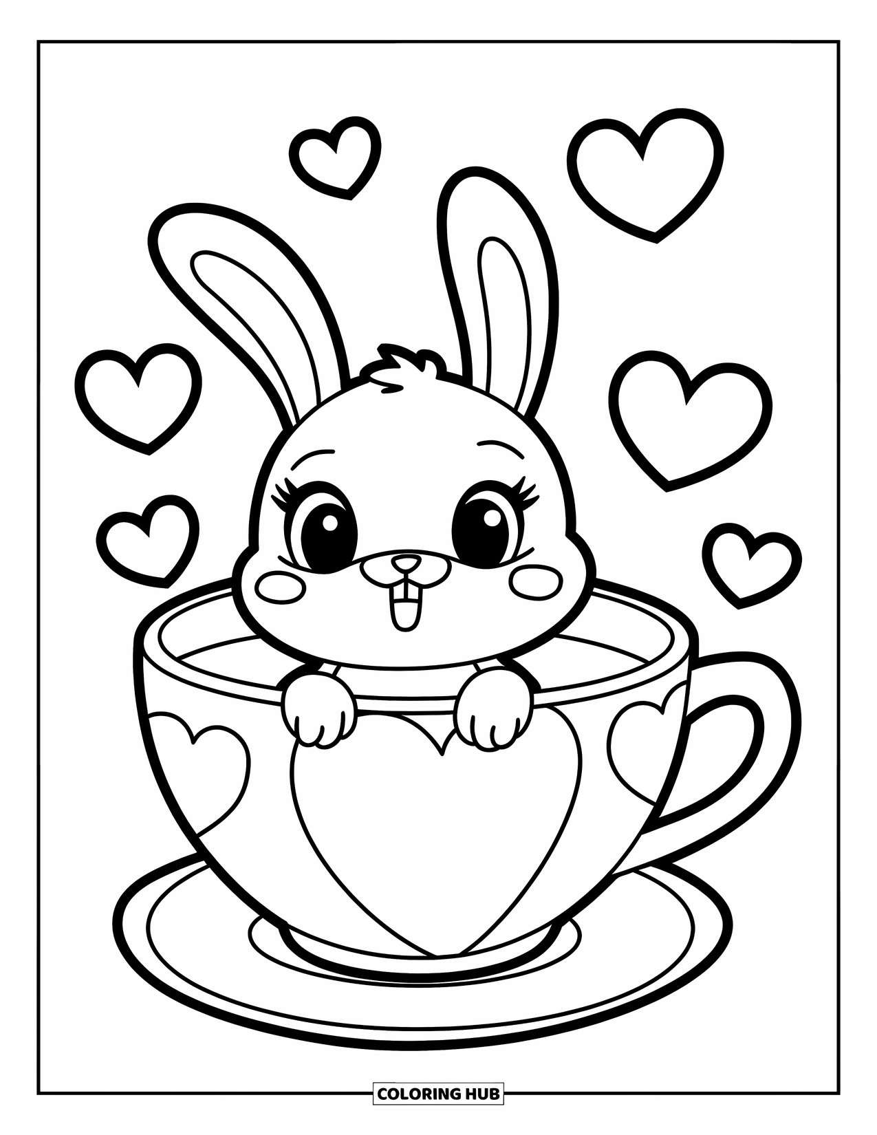 Chibi Animal Coloring Page for Kids: Bunny sits inside a large teacup surrounded by floating hearts