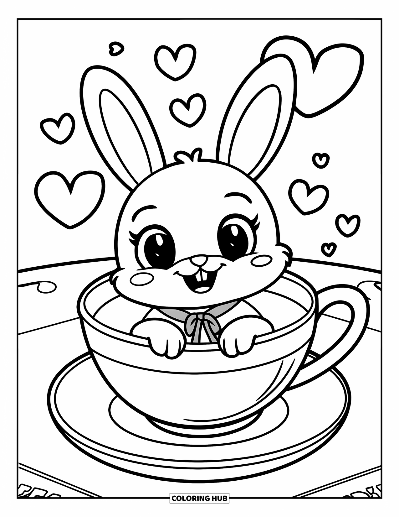 Chibi Animal Coloring Page for Kids: Bunny with a ribbon sits in a teacup surrounded by hearts on a tablecloth