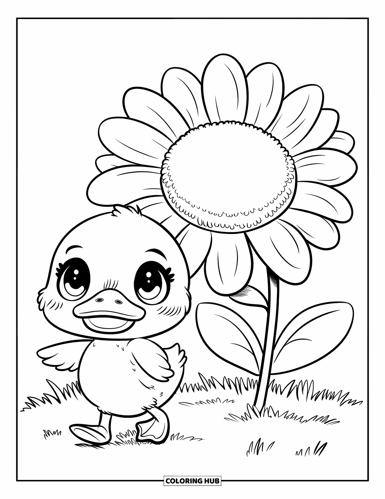 Chibi Animal Coloring Page for Kids: Chibi duckling with a round head waddles next to a giant flower
