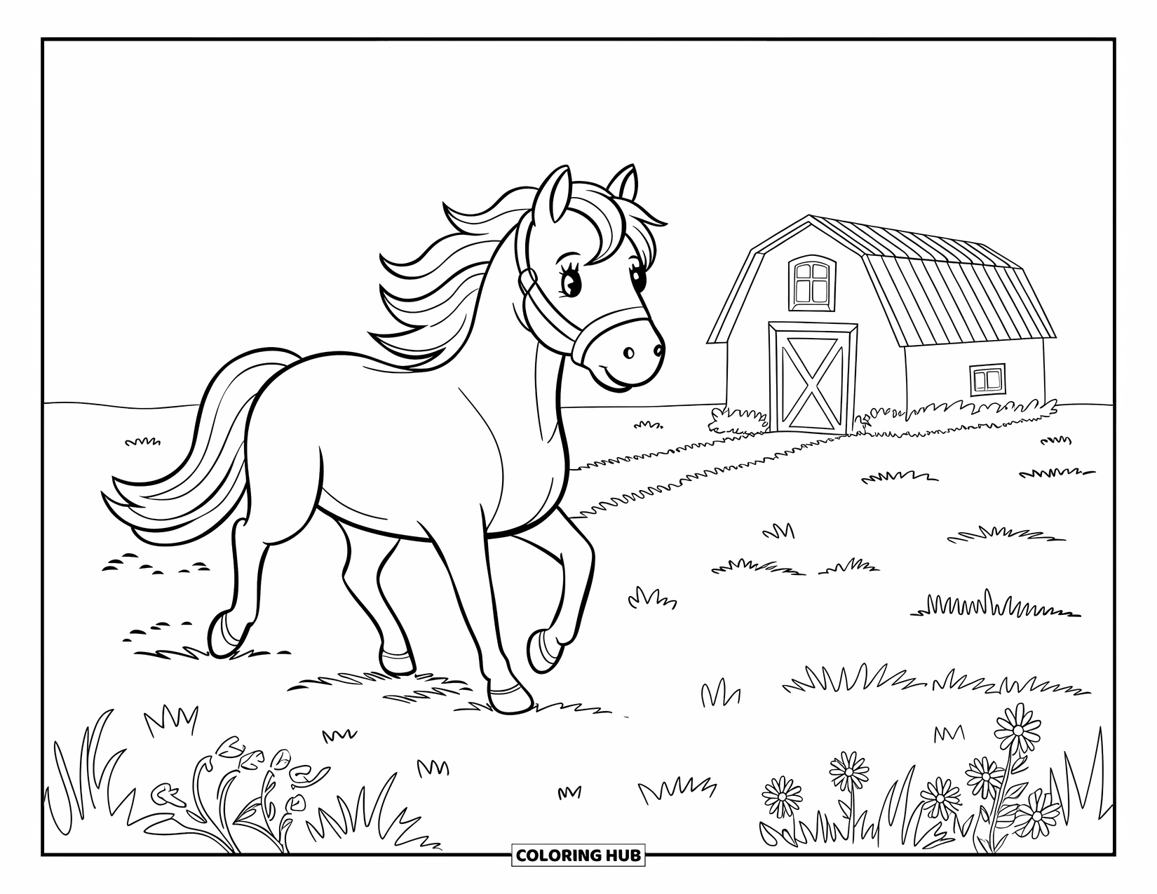 Chibi Animal Coloring Page for Kids: Chibi horse trotting through a flower-filled meadow with a small barn in the distance