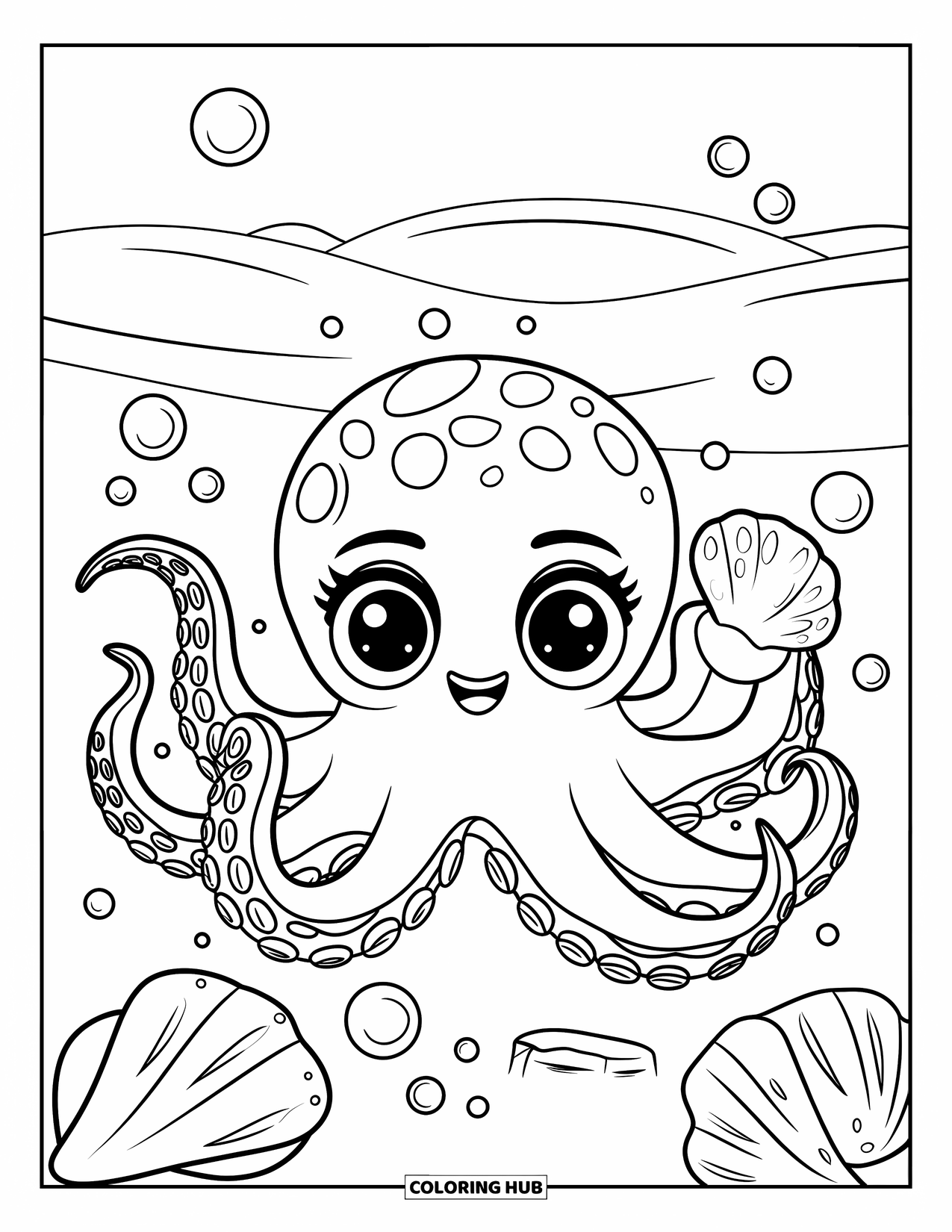 Chibi Animal Coloring Page for Kids: Chibi octopus holds a shell, surrounded by bubbles and seashells on the ocean floor